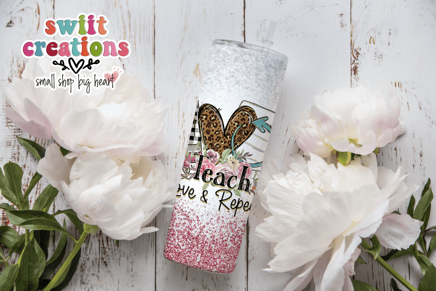 Teach Love Repeat Pink Glitter Tumbler (T215) - Swiit Creations
