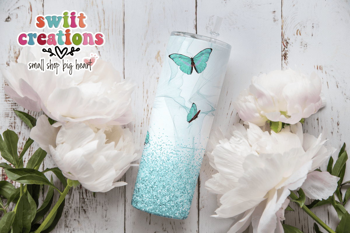 Teal Blue Butterfly Glitter Tumbler (T166) - Swiit Creations
