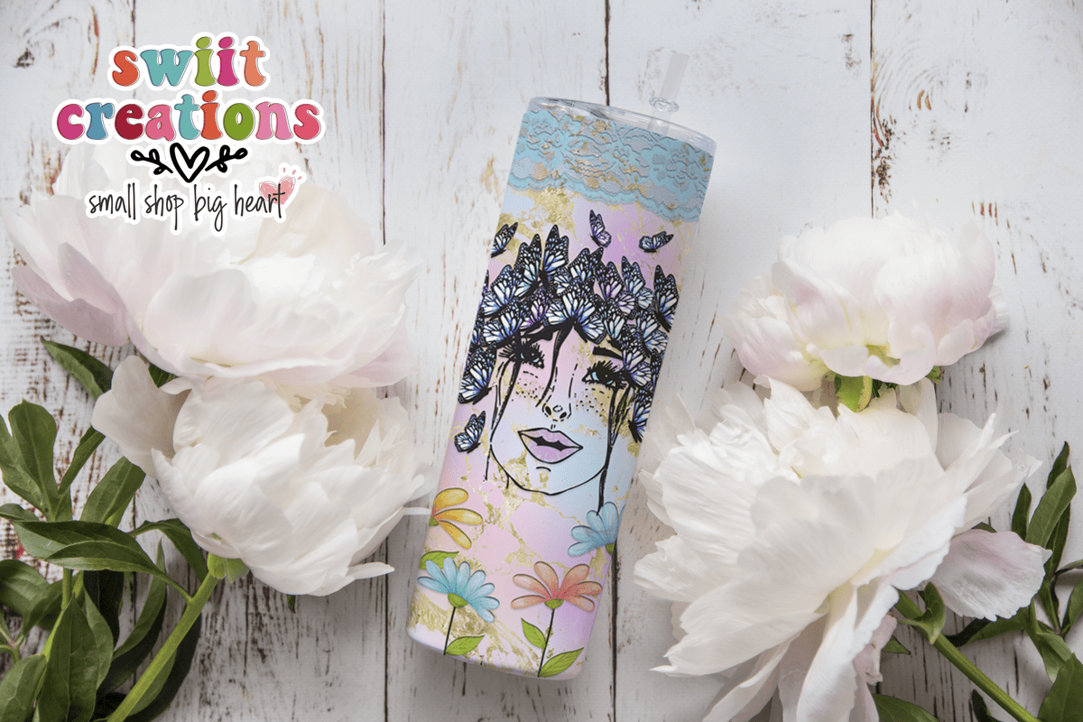 Woman Butterfly and Flower Tumbler (T168) - Swiit Creations