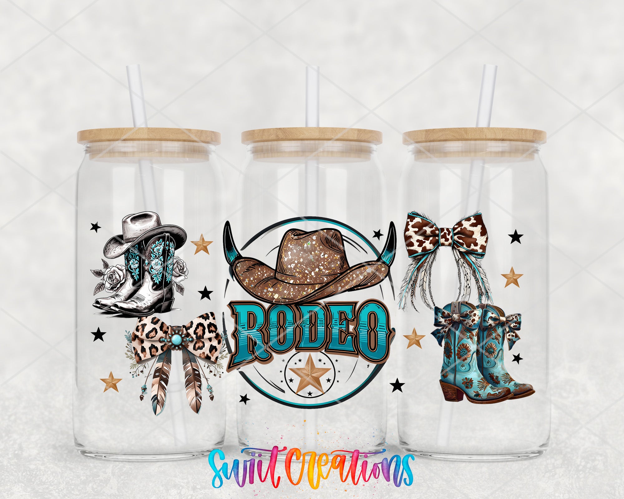 three glass tumblers with various cowboy-themed designs and text.