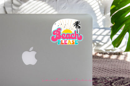 Beach Please sticker on the lid of a silver laptop