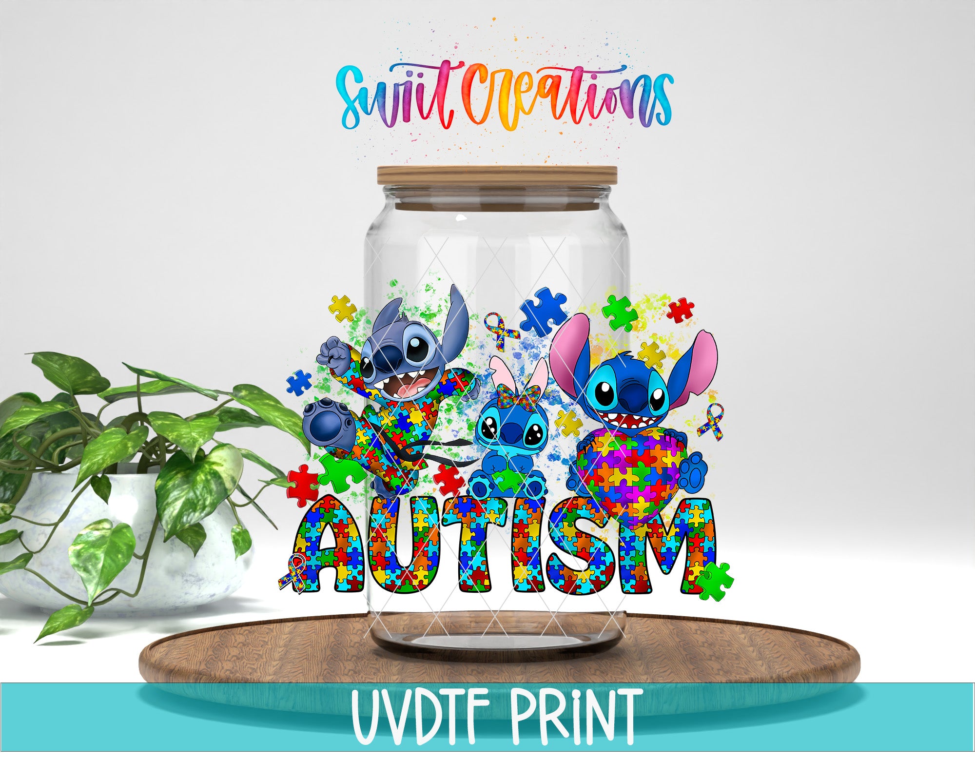 A jar containing colorful puzzle pieces, with the word "AUTISM" written on it, surrounded by illustrations of characters from the Lilo & Stitch cartoon series.