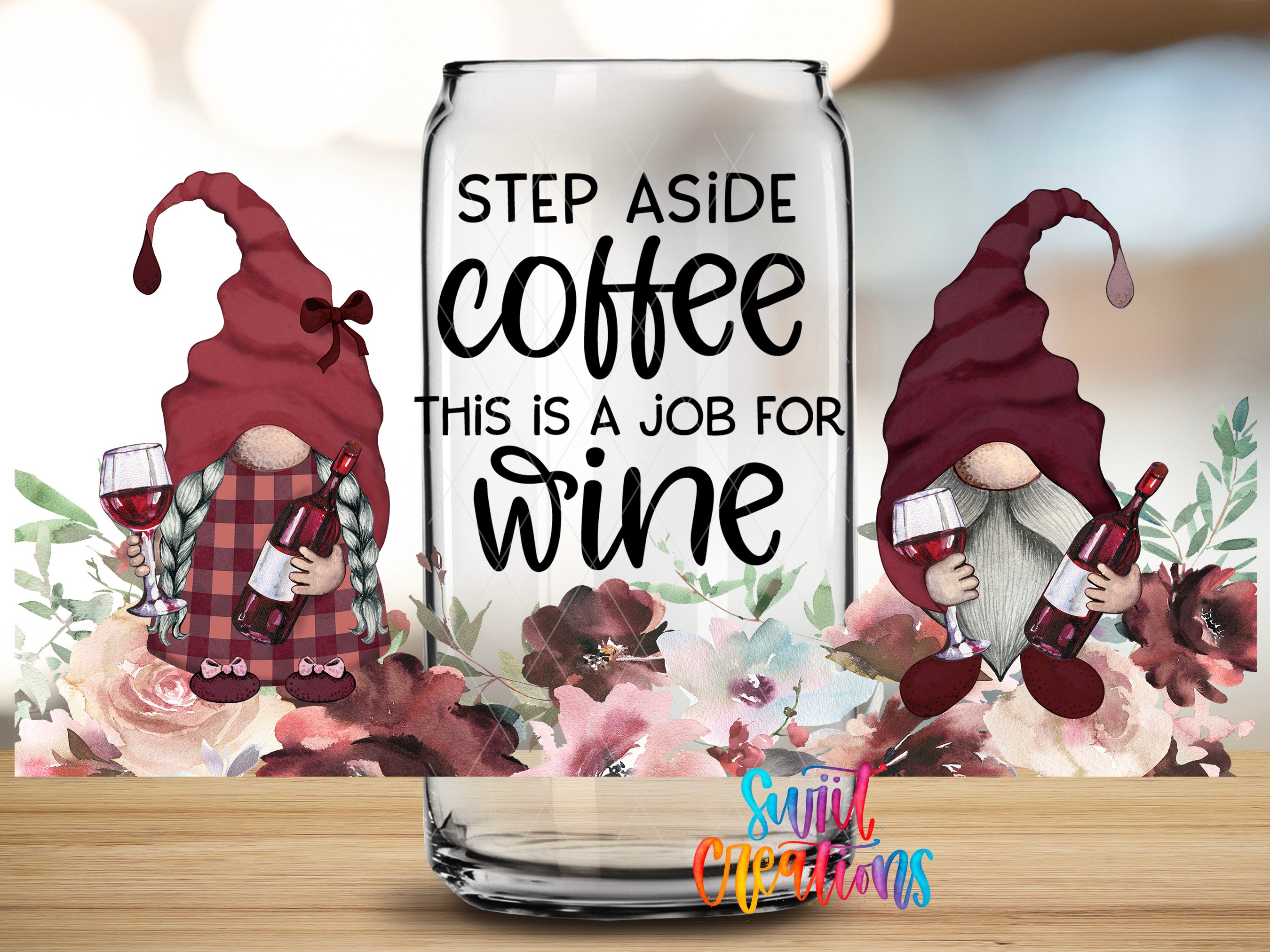 two gnomes holding wine glasses and a glass with a humorous text overlay that reads "Step aside coffee, this is a job for wine".