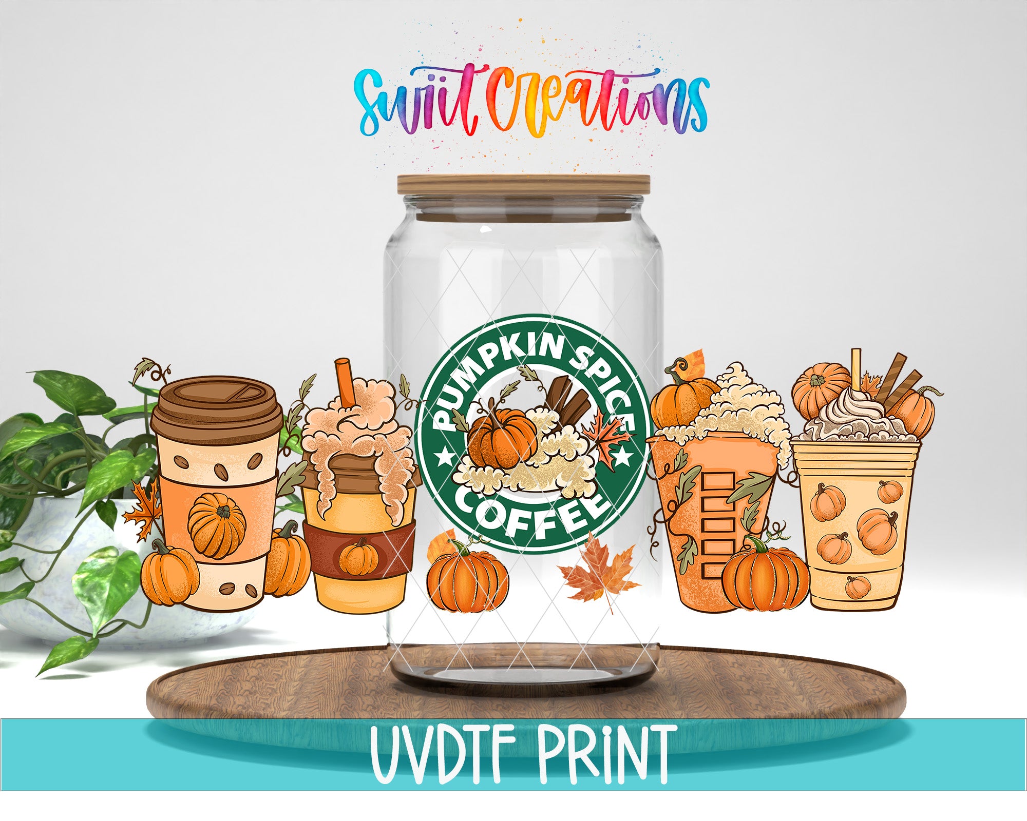 The image is a colorful illustration featuring a glass jar with a pumpkin spice coffee label, surrounded by various pumpkin-themed drinks and snacks.