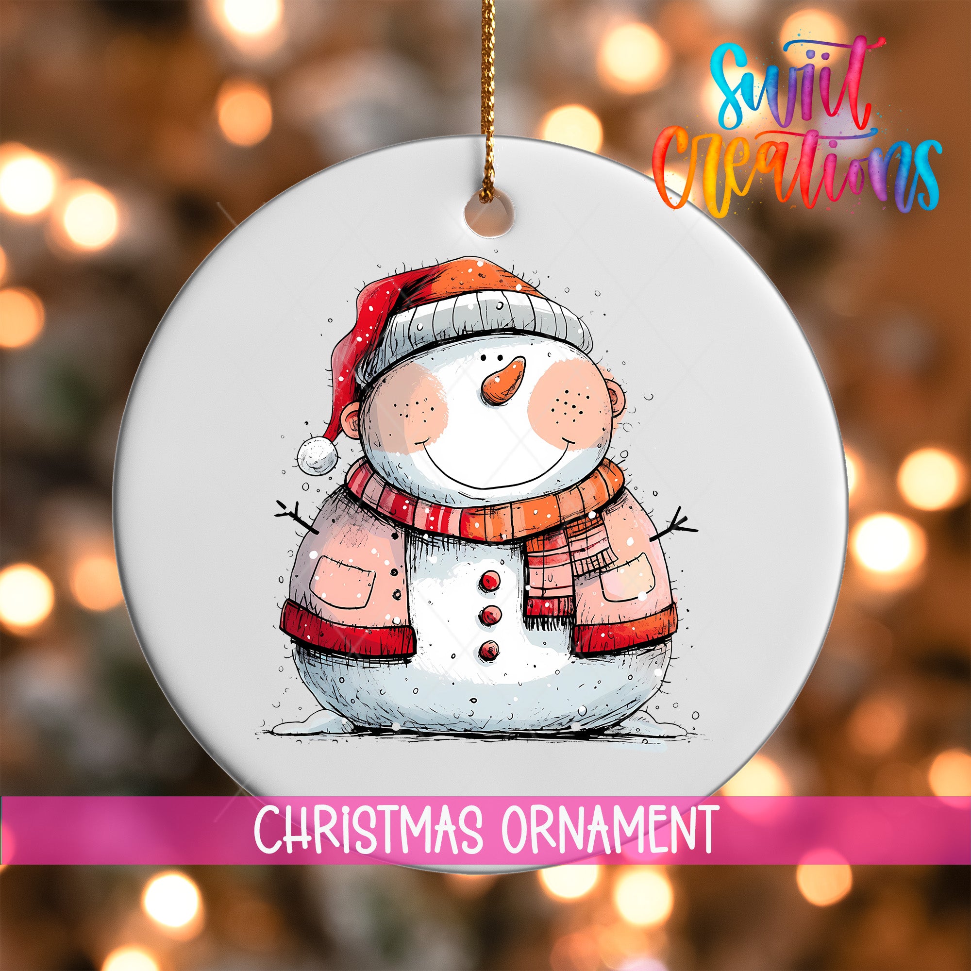 A white Christmas ornament featuring a smiling snowman wearing a red and white striped scarf and hat.