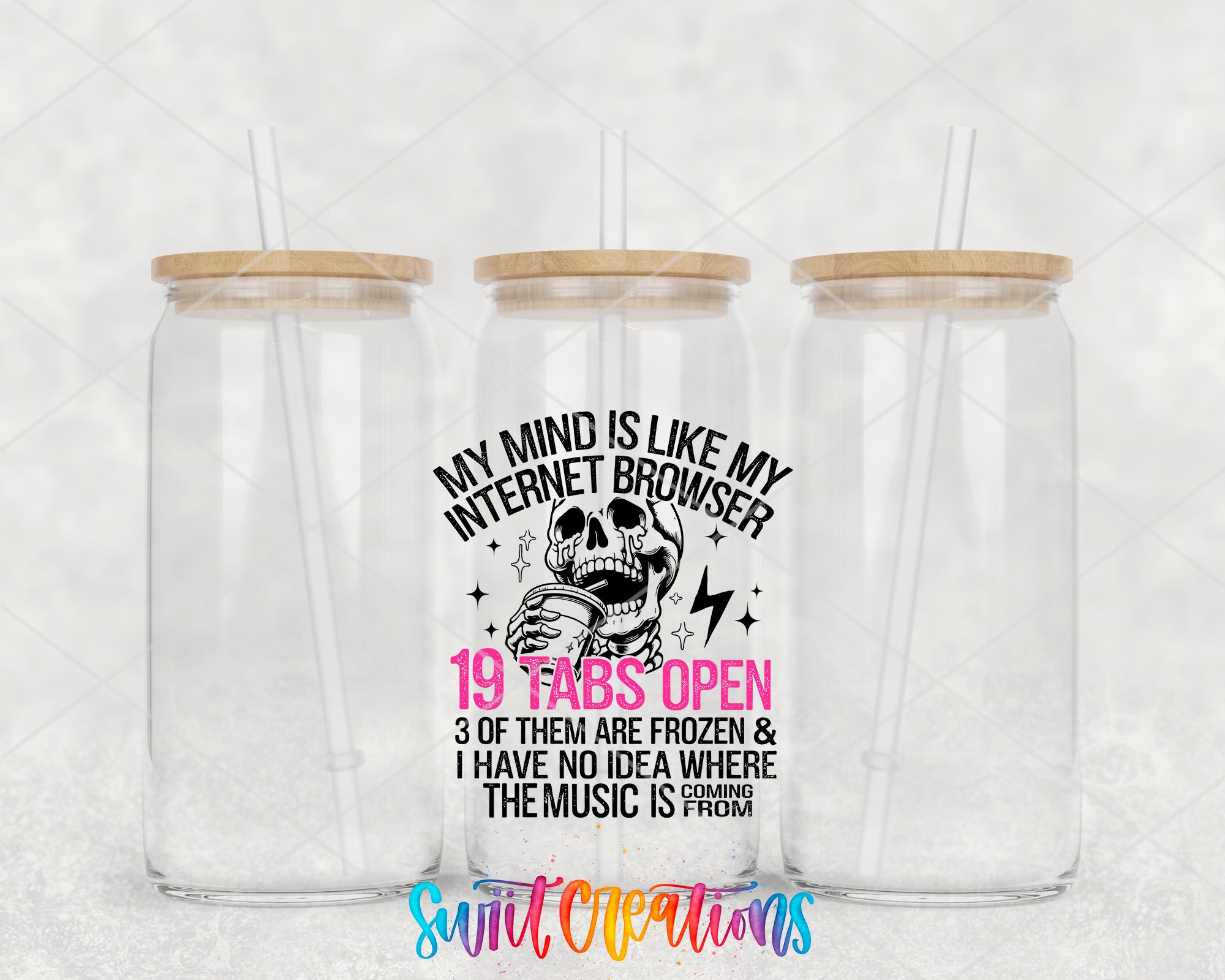 two clear tumblers with a skeleton on the side