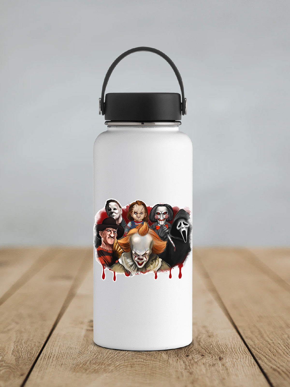 Horror Movie Villains sticker on a white insulated water bottle