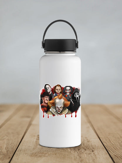 Horror Movie Villains sticker on a white insulated water bottle