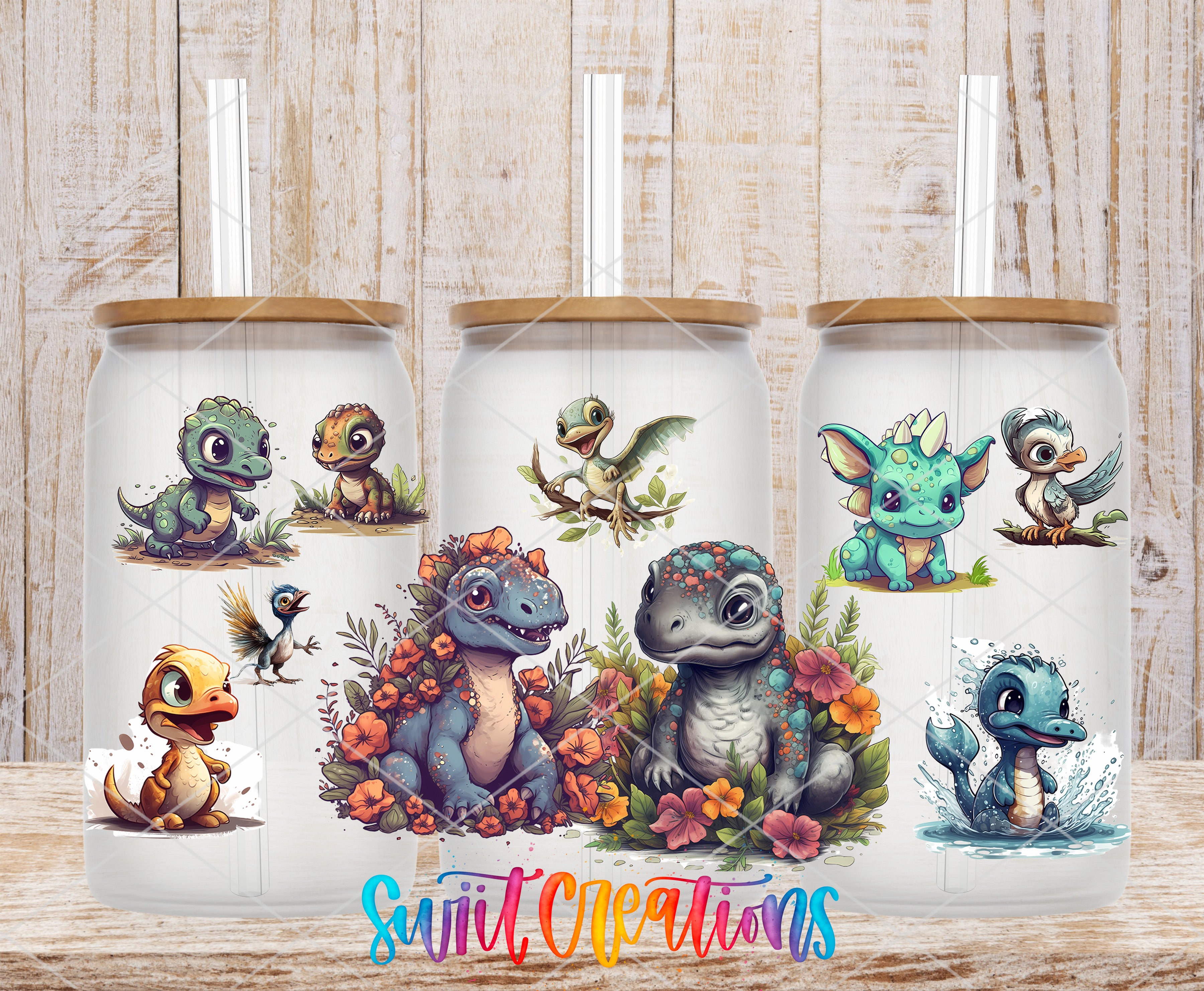 three glass tumblers with colorful illustrations of various animals, including birds, reptiles, and amphibians, along with flowers and plants.
