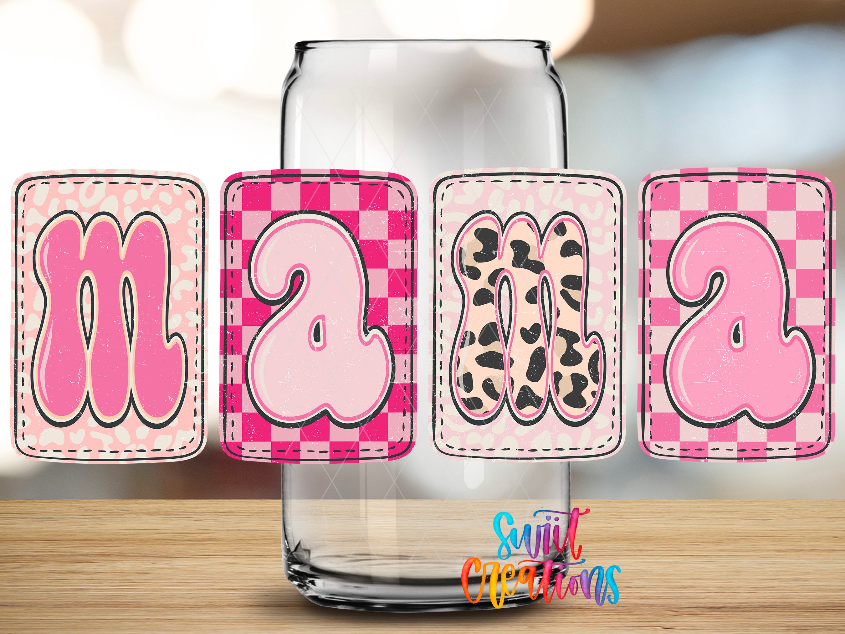 a glass jar with the word "Mama" spelled out in a creative and playful way using pink and white checkered patterns.