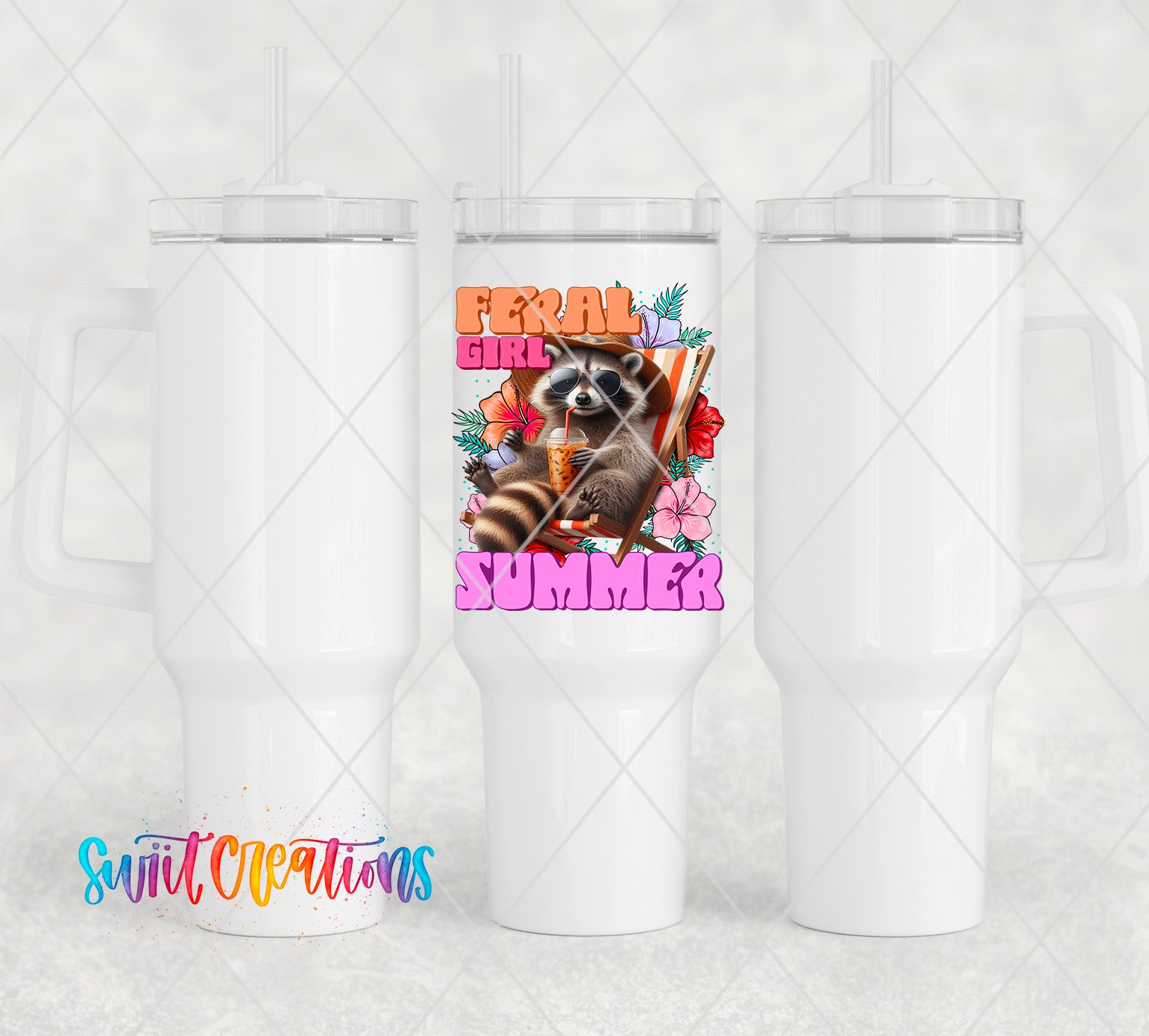 a white tumbler cup with a raccoon on it