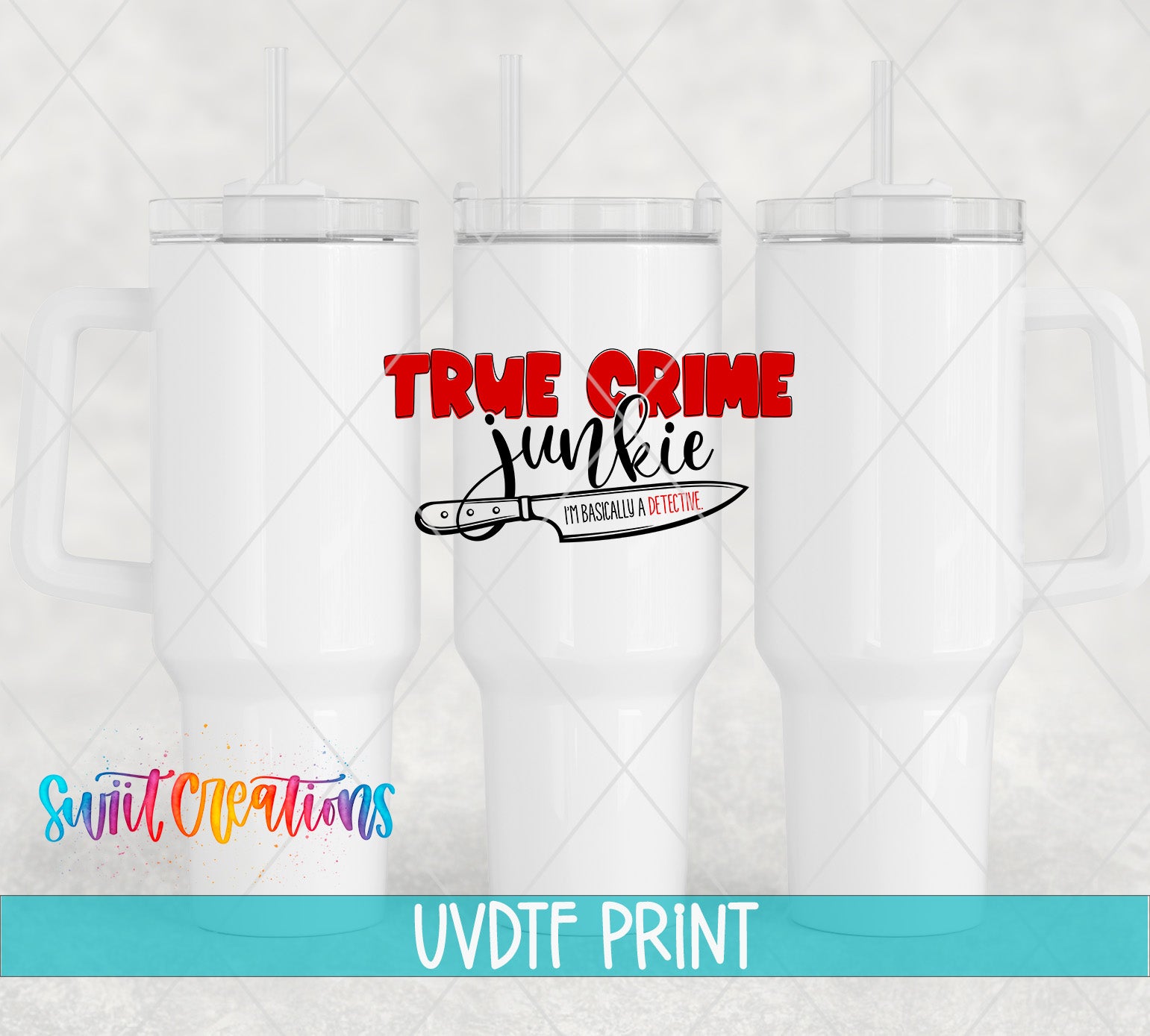three white coffee mugs with the words true crime and a surfboard on them