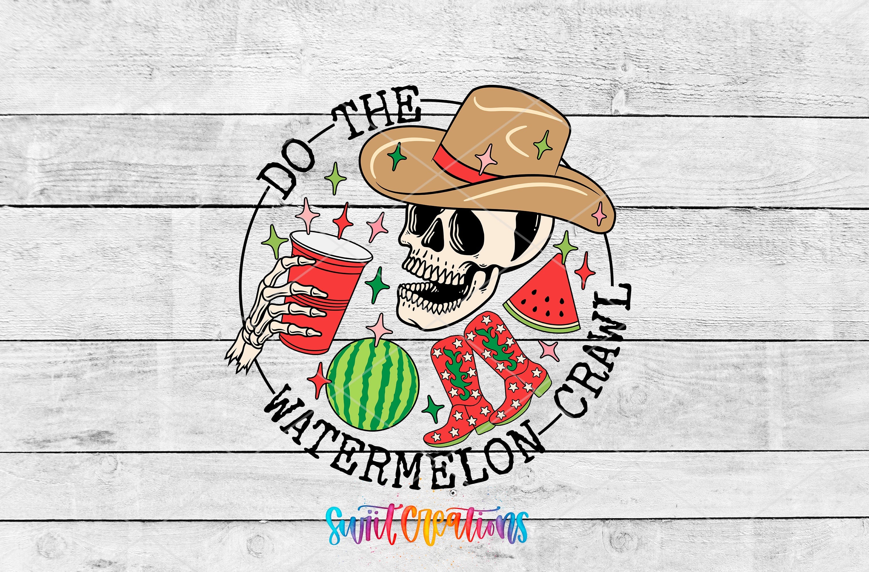 a skull wearing a cowboy hat and holding a watermelon