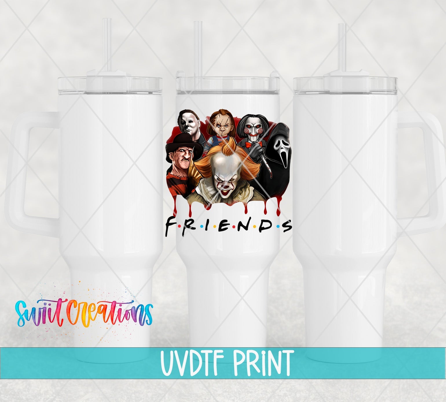 a white tumbler with a picture of a group of friends on it