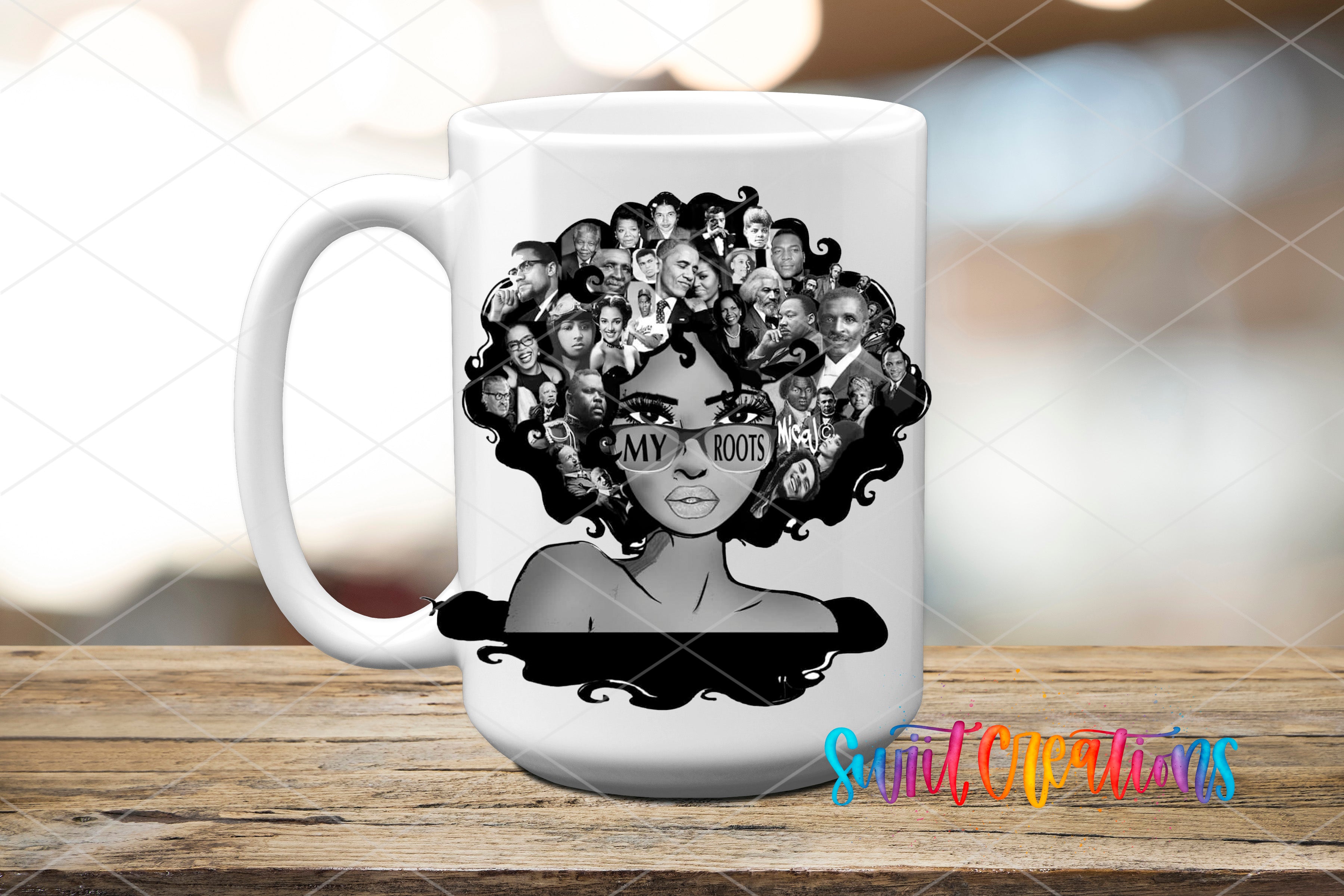 A white ceramic mug with a black and white illustration of a woman's face surrounded by a collage of various portraits.