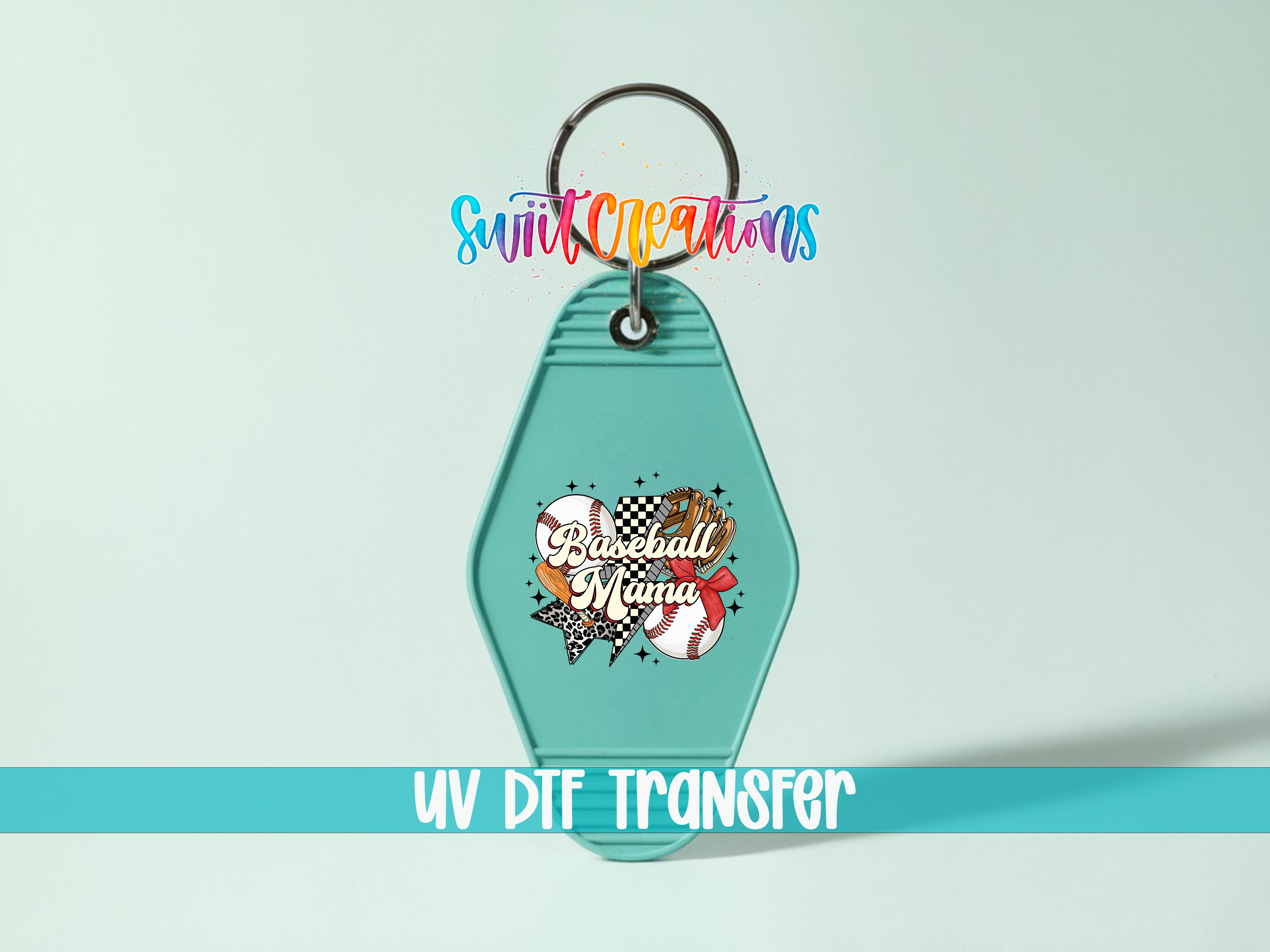 A keychain with a baseball-themed design and the text "Sunlit Creations" printed on it.