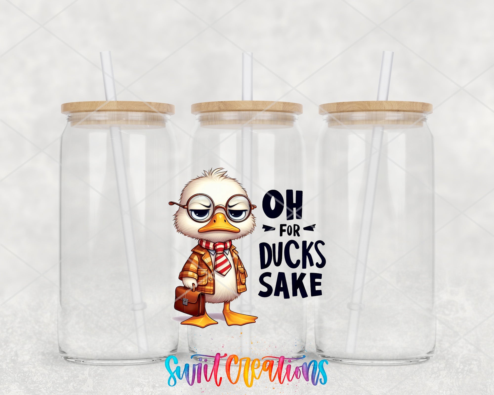 a couple of glasses with a cartoon duck on them