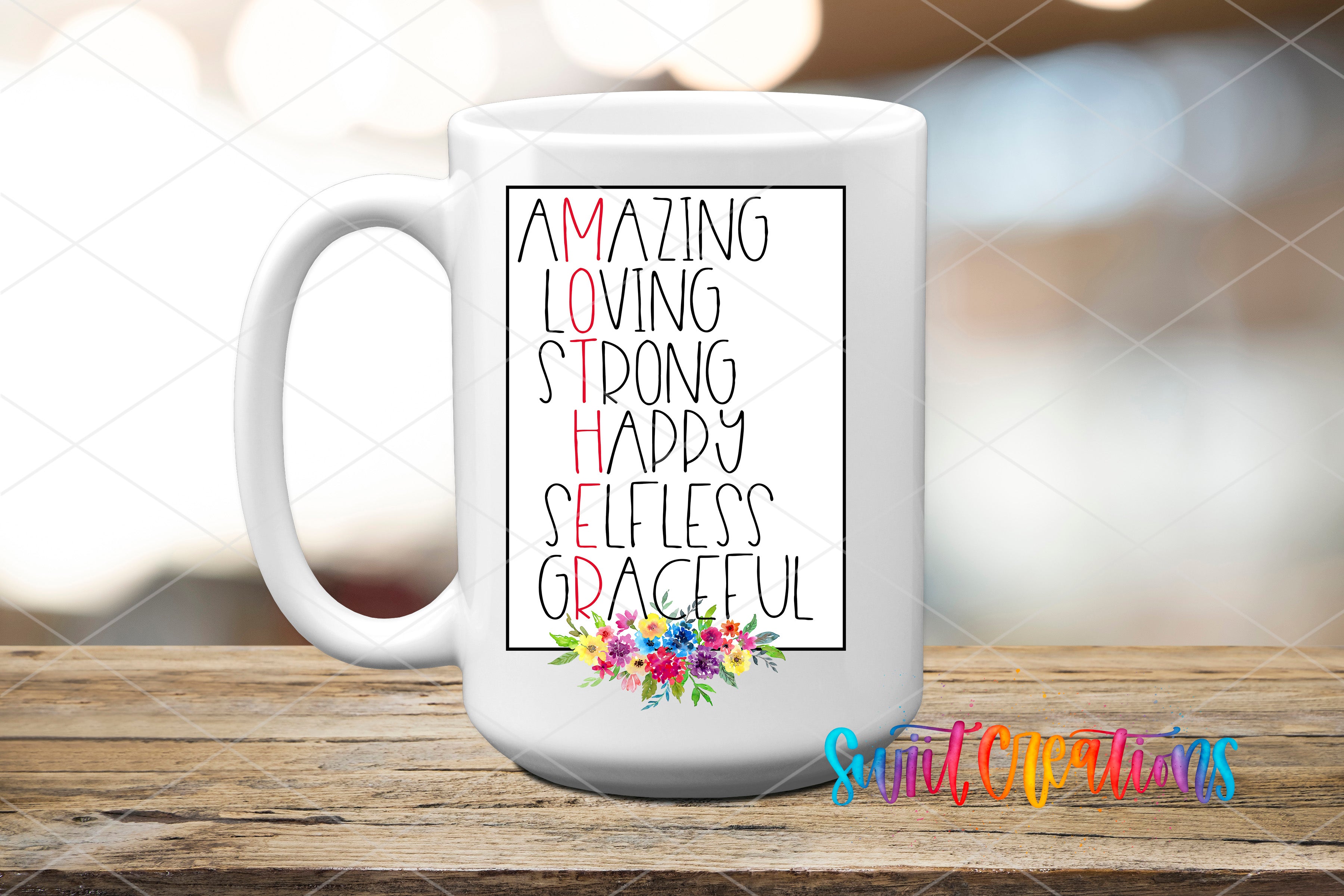 A white ceramic mug with text printed on it, placed on a wooden surface.