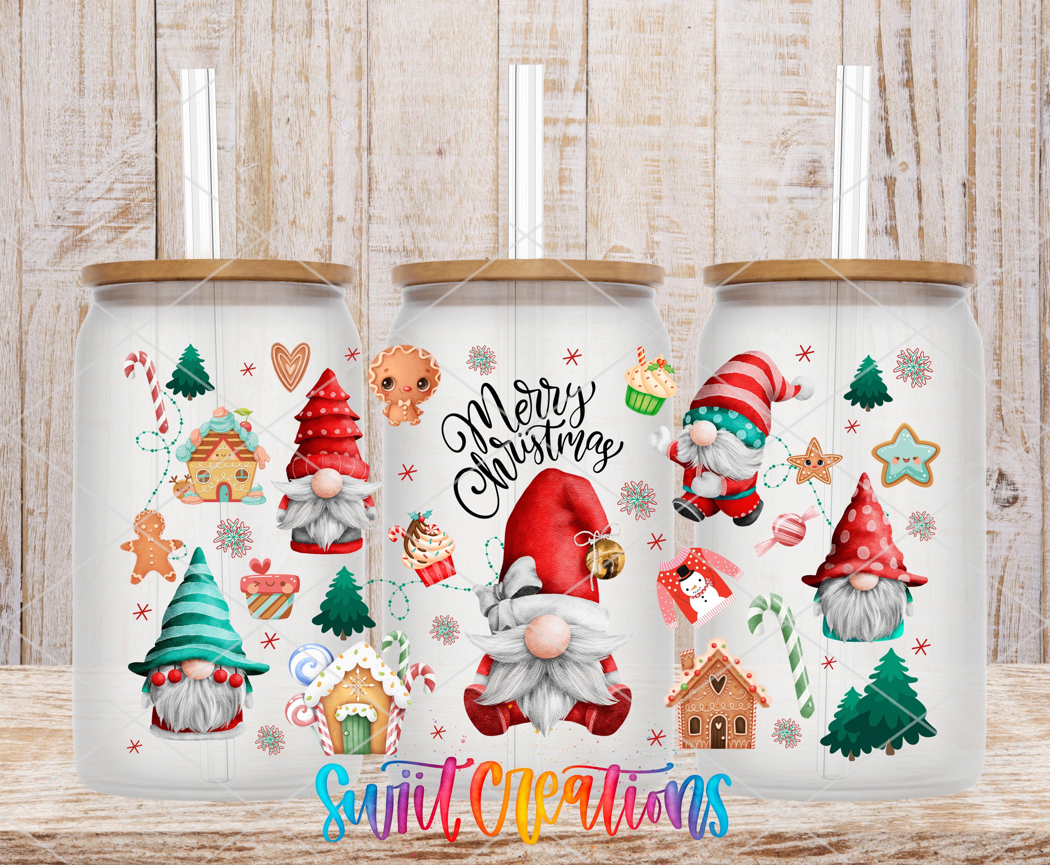 A collection of three glass tumblers with Christmas-themed designs, including gnomes, gingerbread houses, and other festive elements. The text "Merry Christmas" is prominently displayed on the tumblers, and the phrase "Sweet Creations" is written at the bottom.