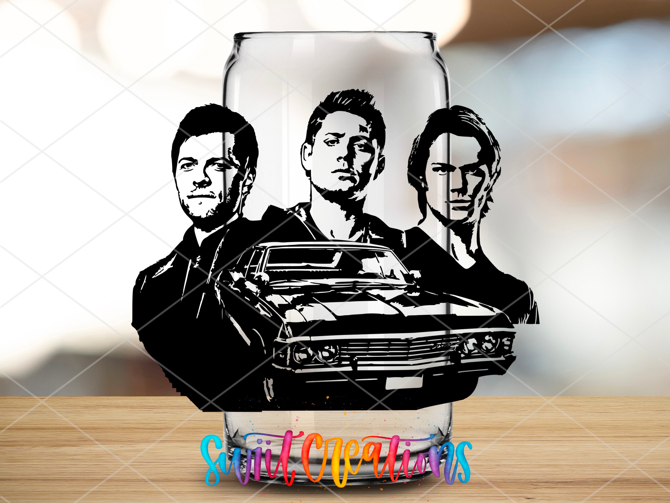 a glass with a picture of three men holding a car