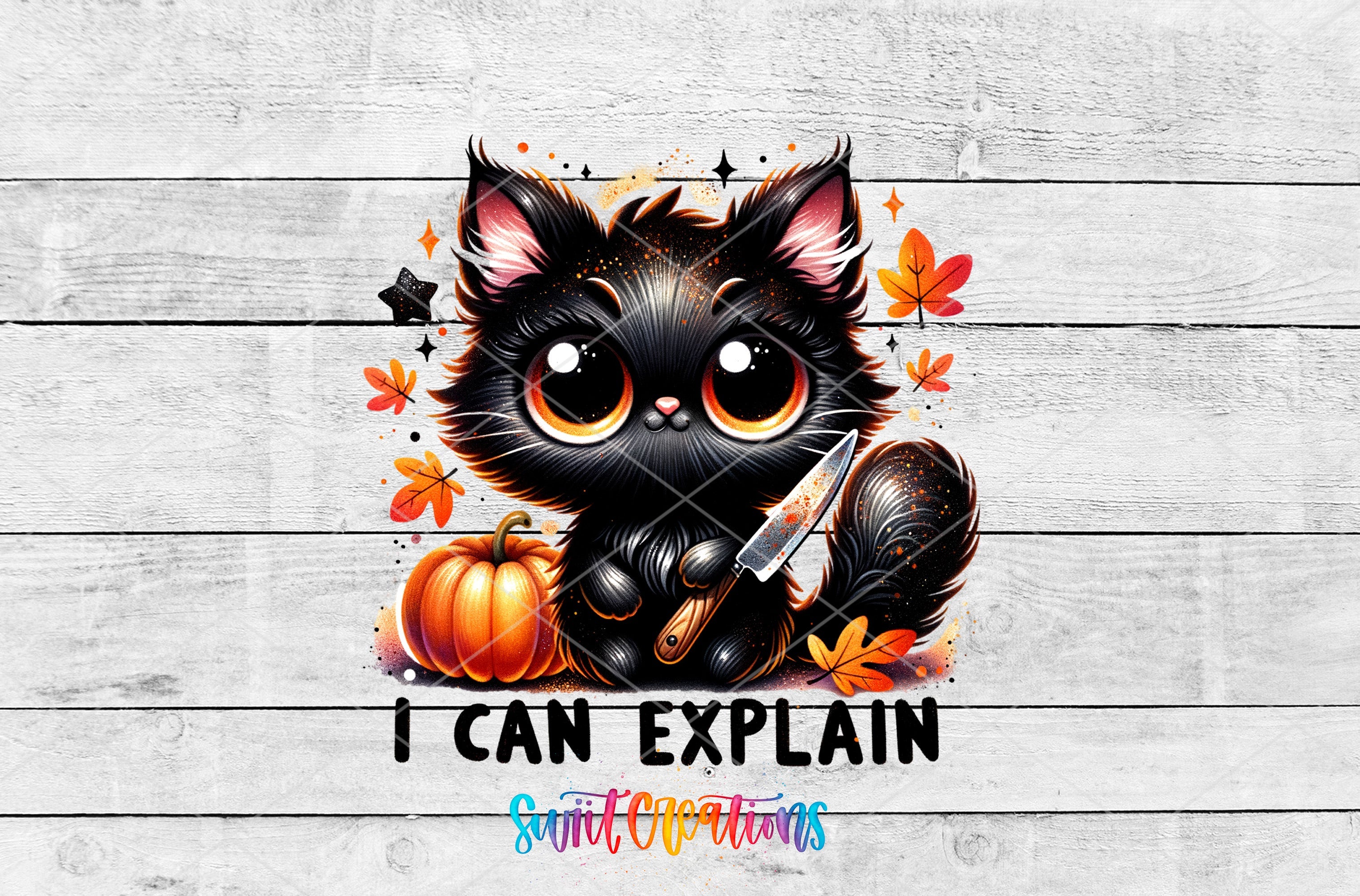 a black cat holding a knife and a pumpkin