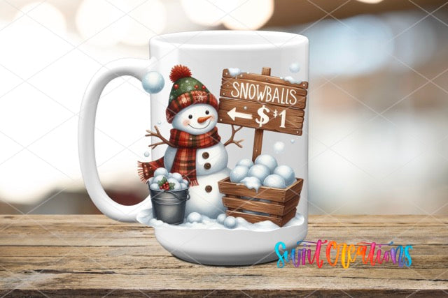 a coffee mug with a snowman and a sign