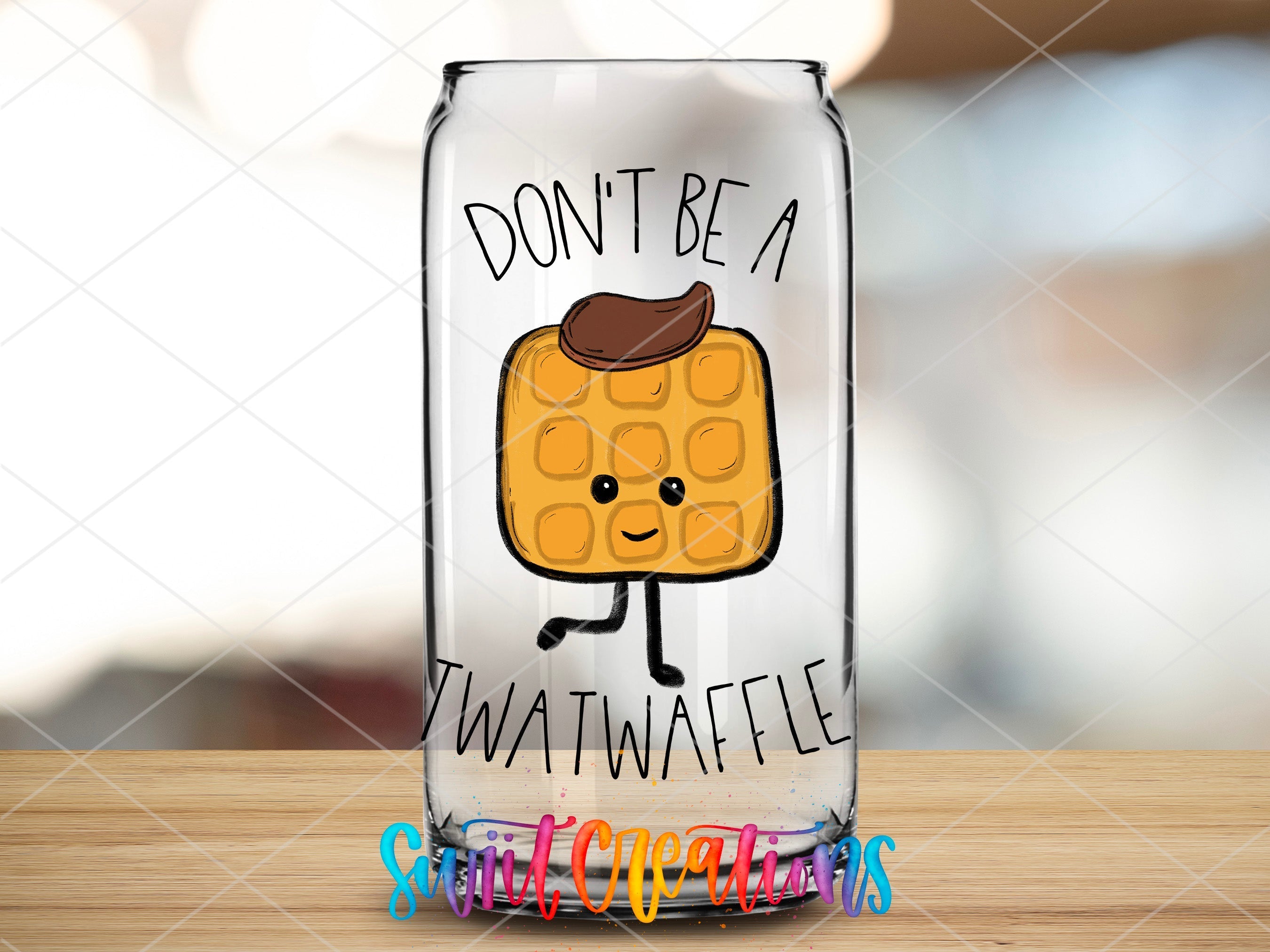 a glass with a picture of a waffle on it
