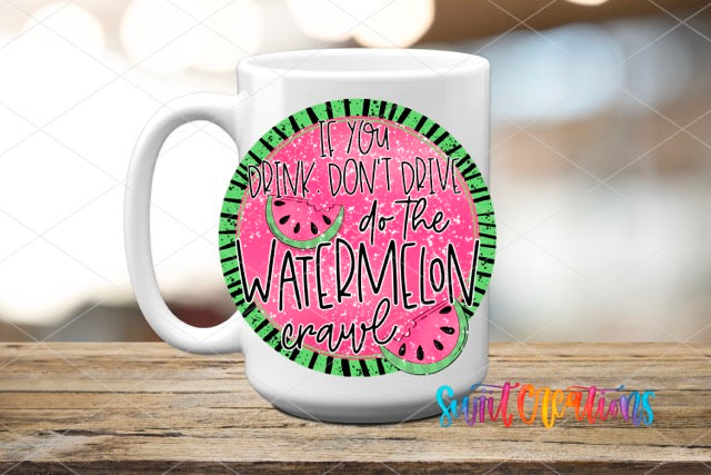 a white coffee mug with a watermelon design on it