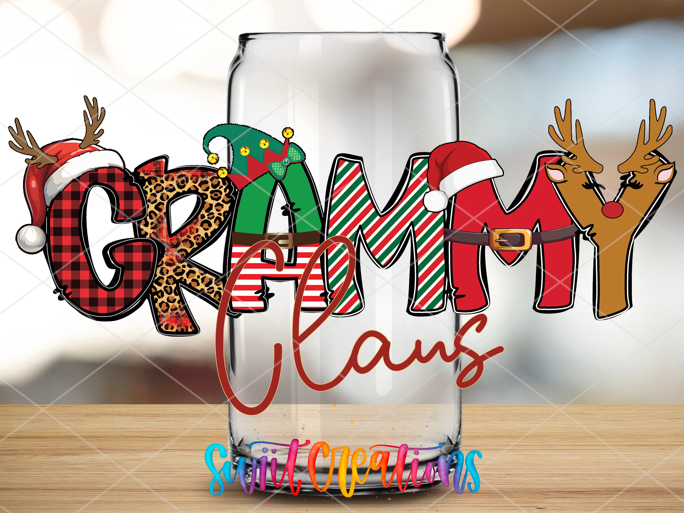 a glass with some christmas decorations in it