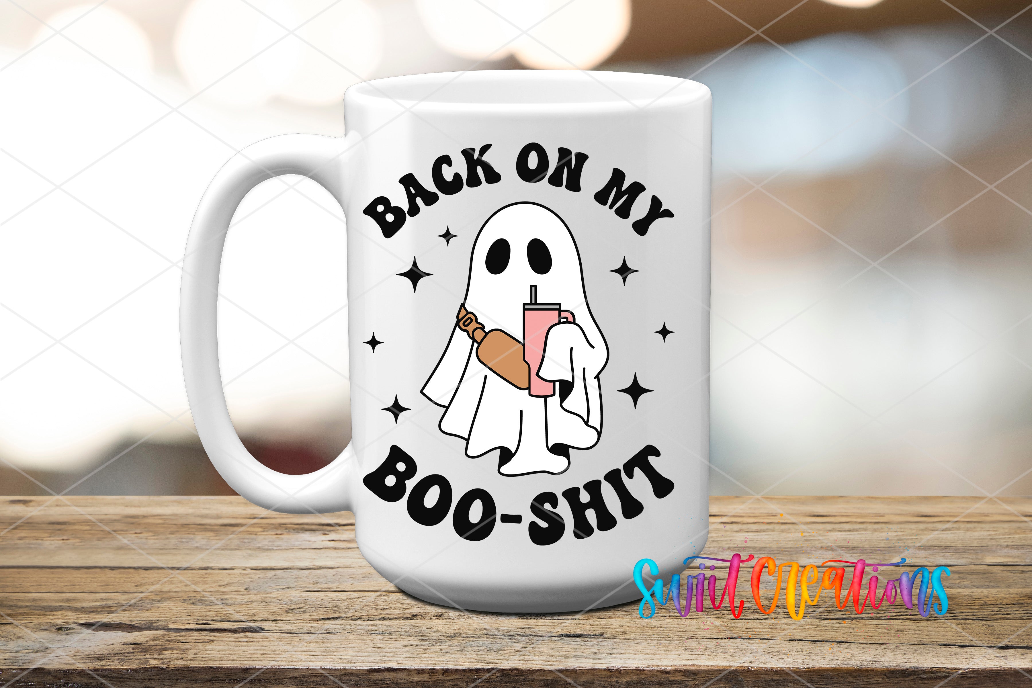 A white mug with a graphic design featuring a ghost character and the text "BACK ON MY BOO-SHIT" printed on it.