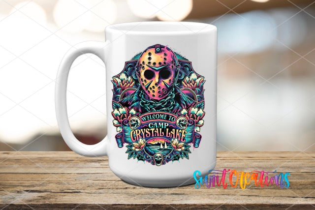a white coffee mug with a colorful skull on it