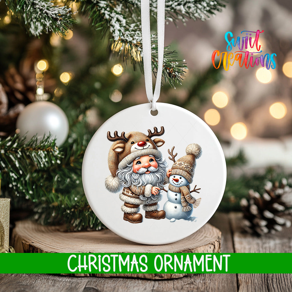 A white Christmas ornament featuring Santa Claus and a snowman, with the text "Christmas ornament" below the image.