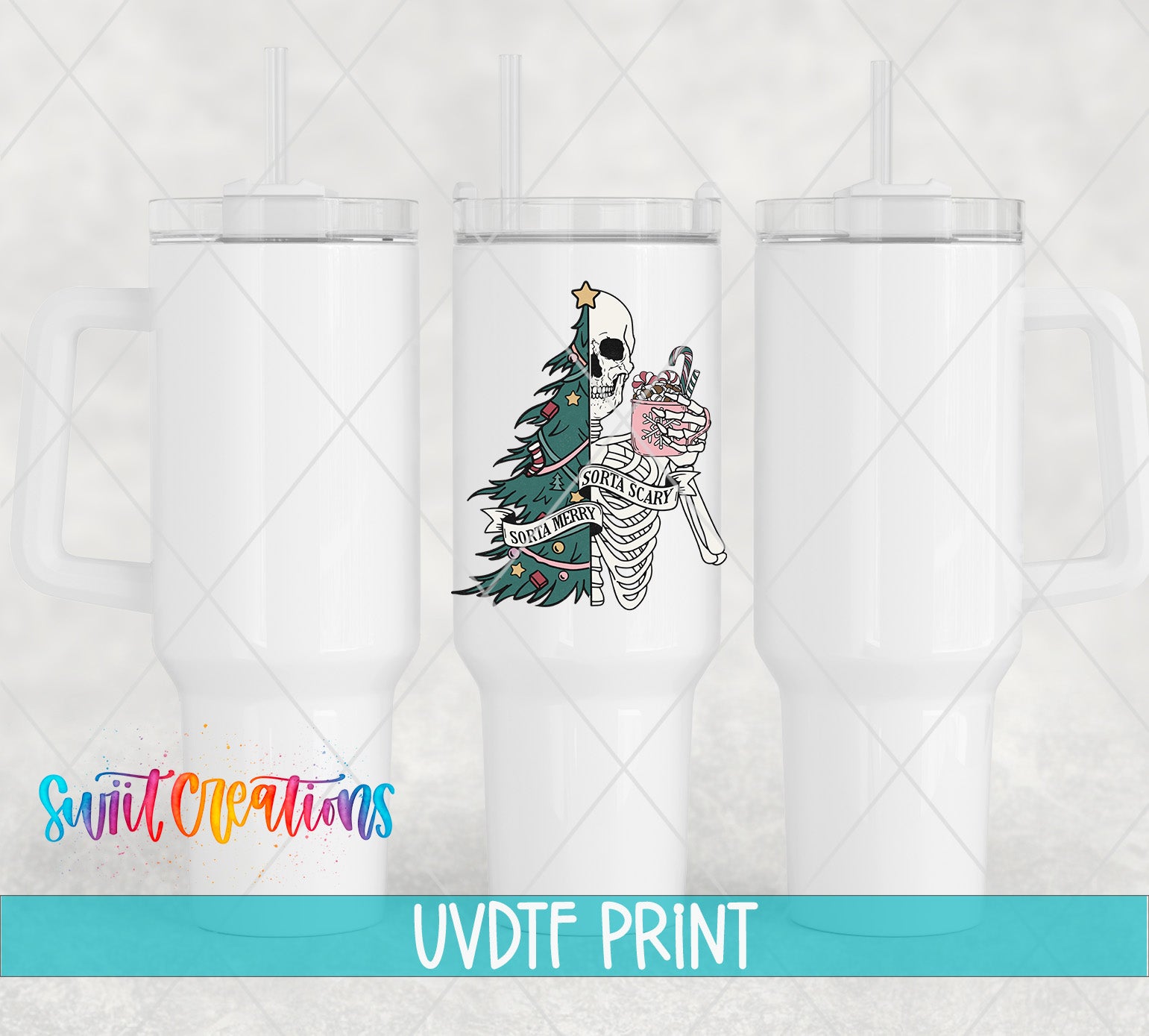 three white tumblers with a unique skull design on the front.