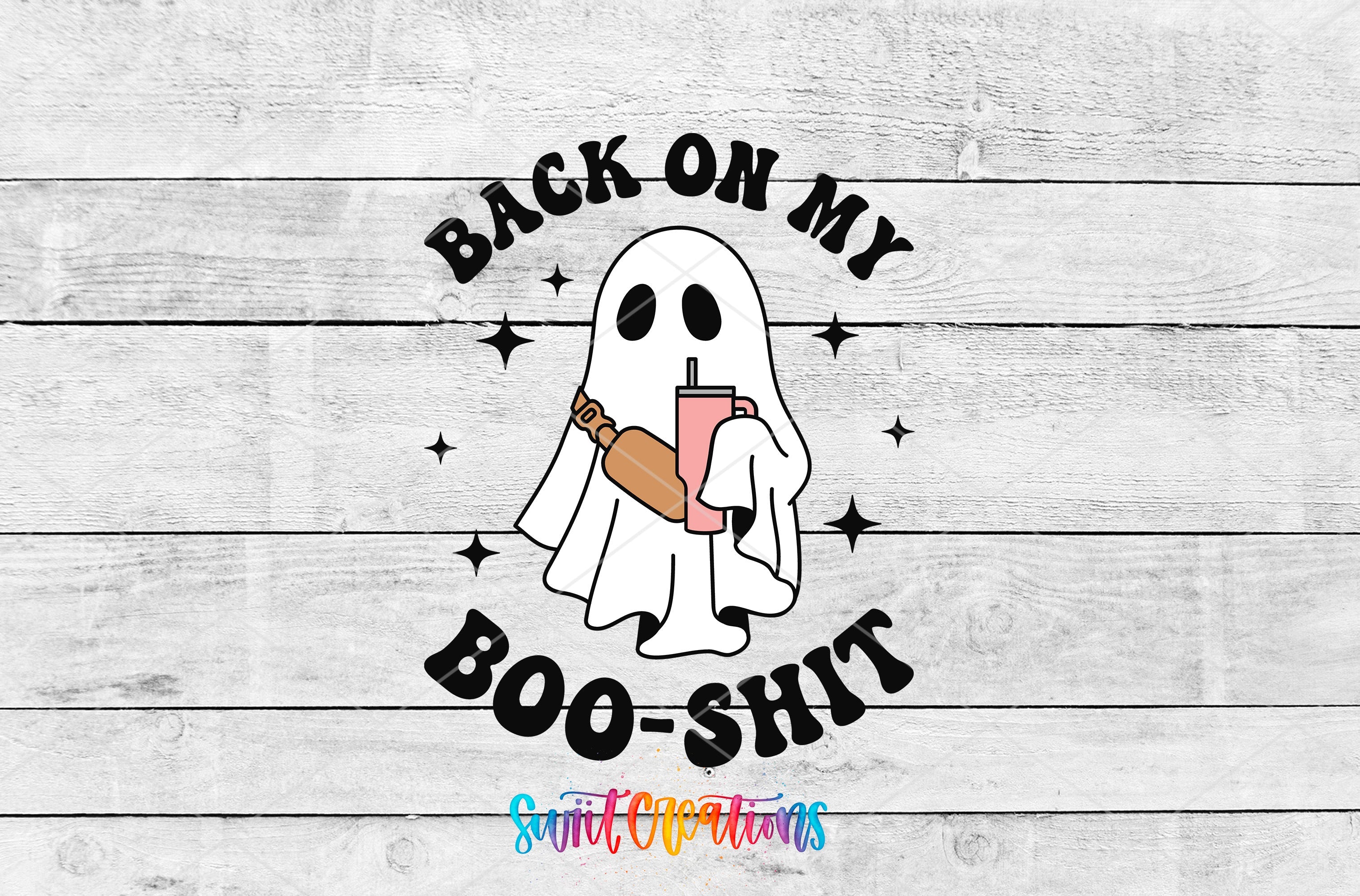 a ghost holding a cup of coffee with the words back on my boo - shit