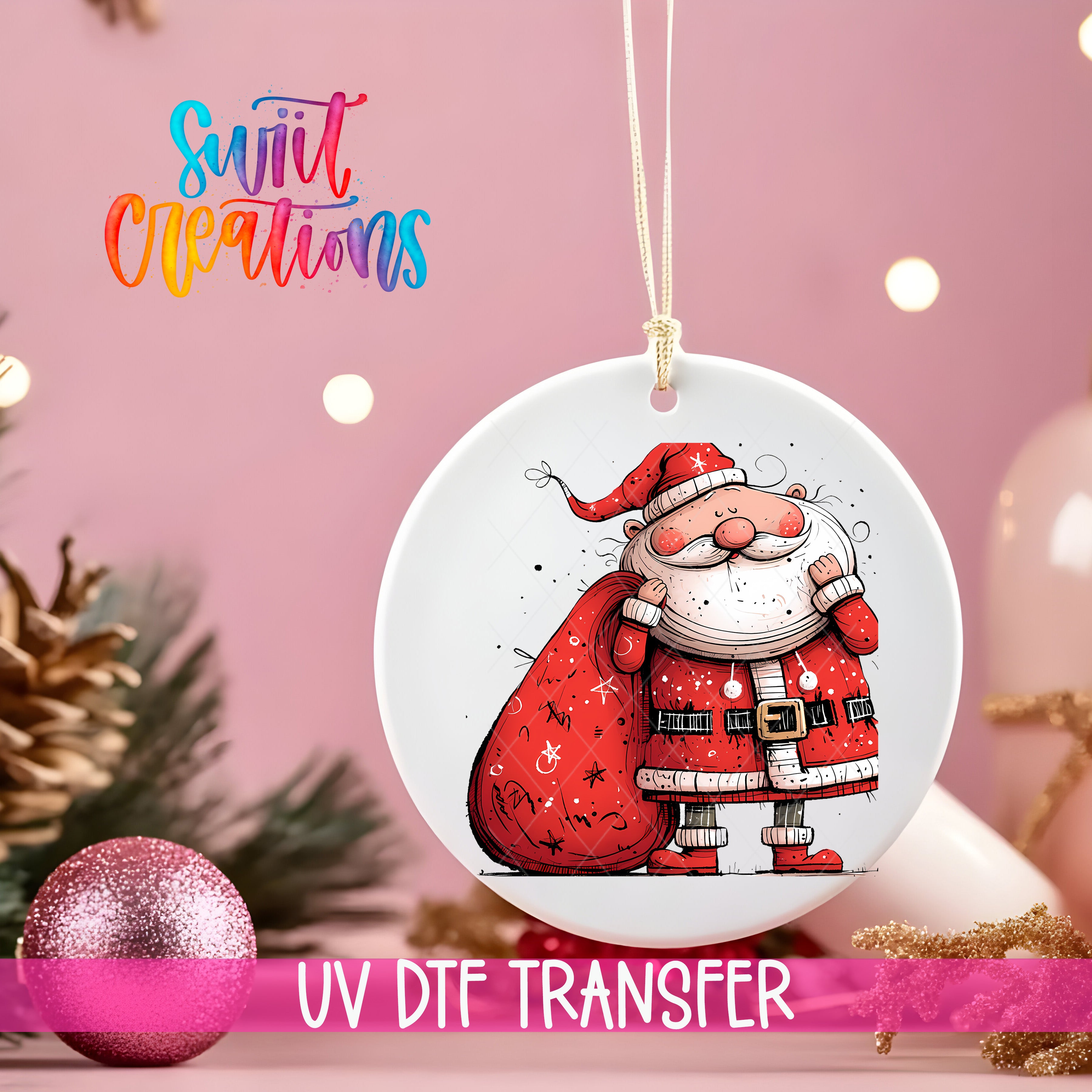 A white ornament with a Santa Claus illustration is hanging on a string, surrounded by Christmas decorations and a pink background.