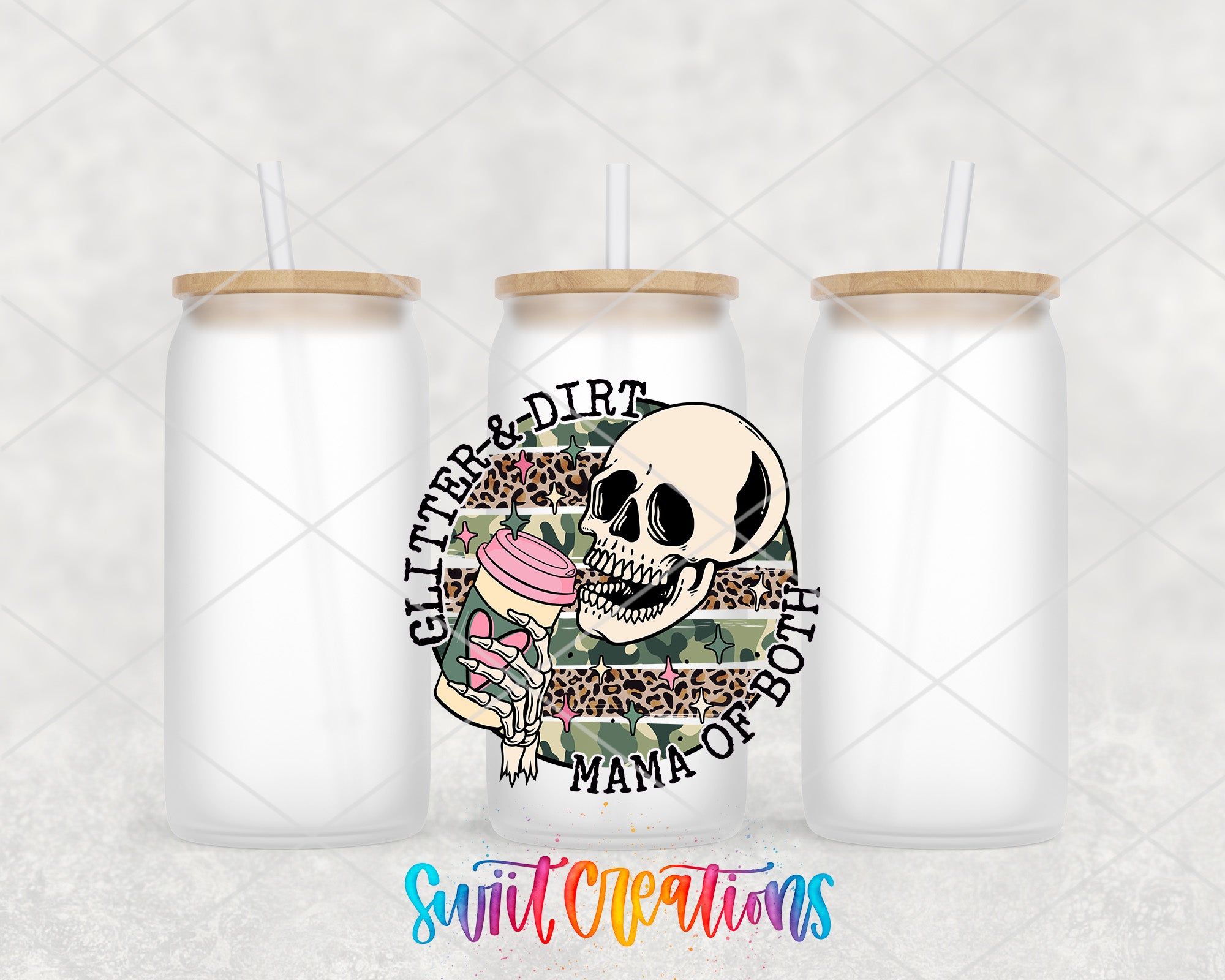 two mason jars with a skull and a cup of coffee