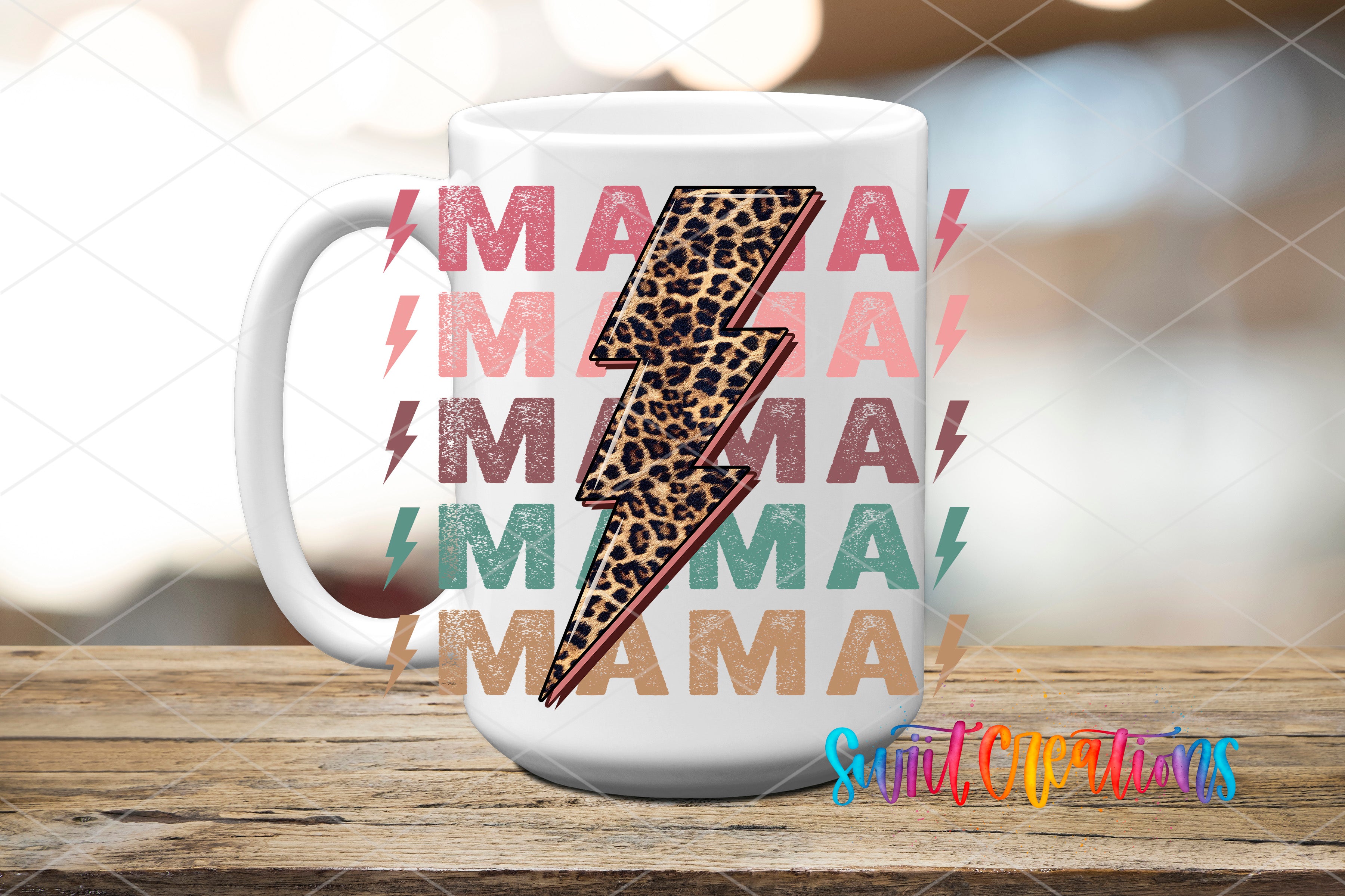 A white mug with a leopard print design and the word "MAMA" repeated in a zigzag pattern.
