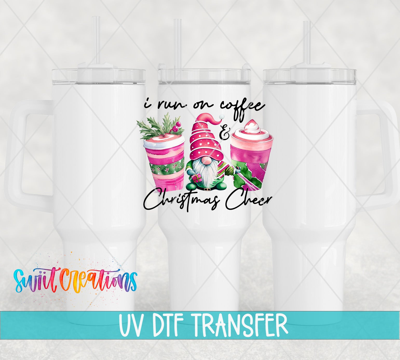 three white tumblers with a Christmas-themed design on them.