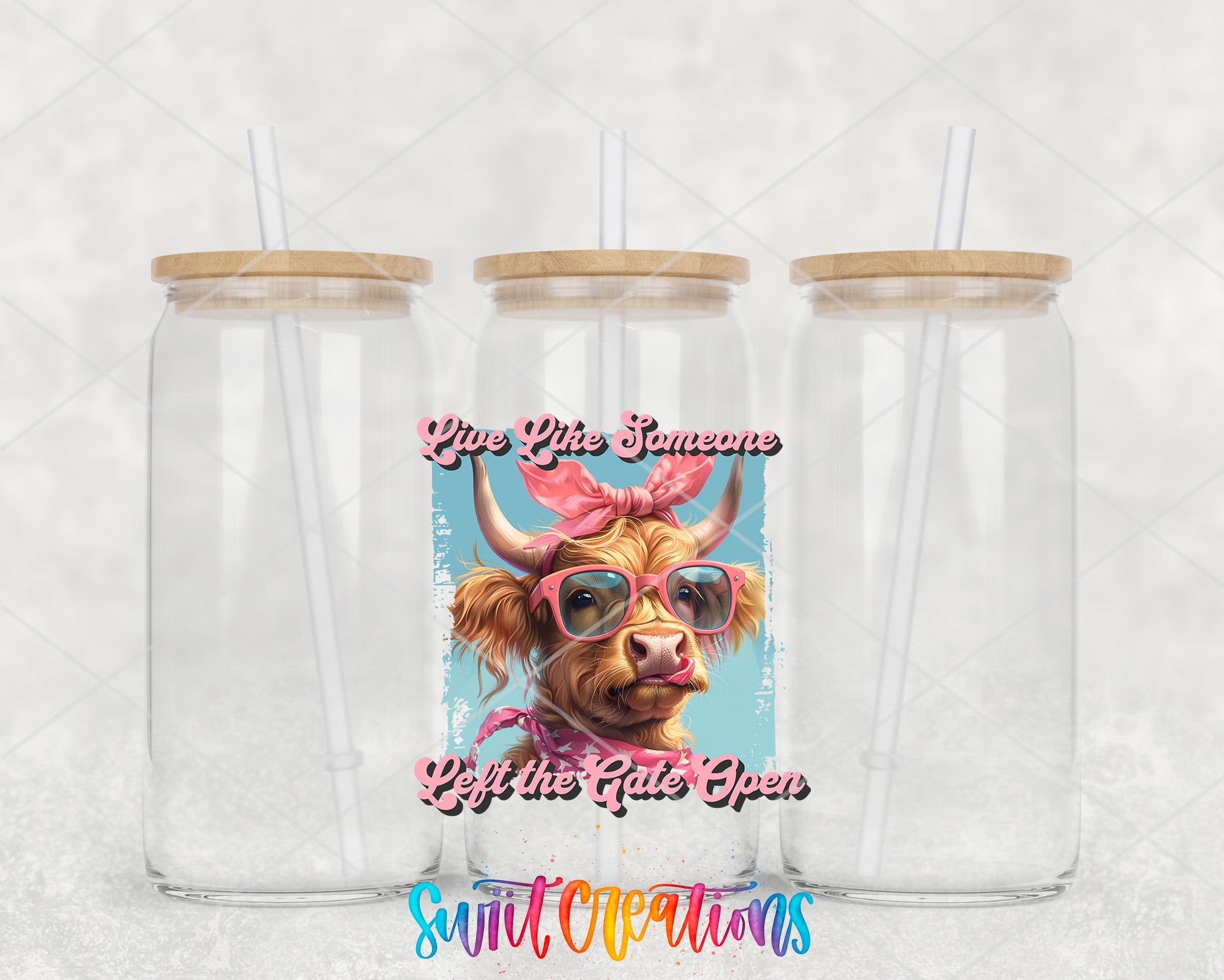 two tumblers with a picture of a cow on them