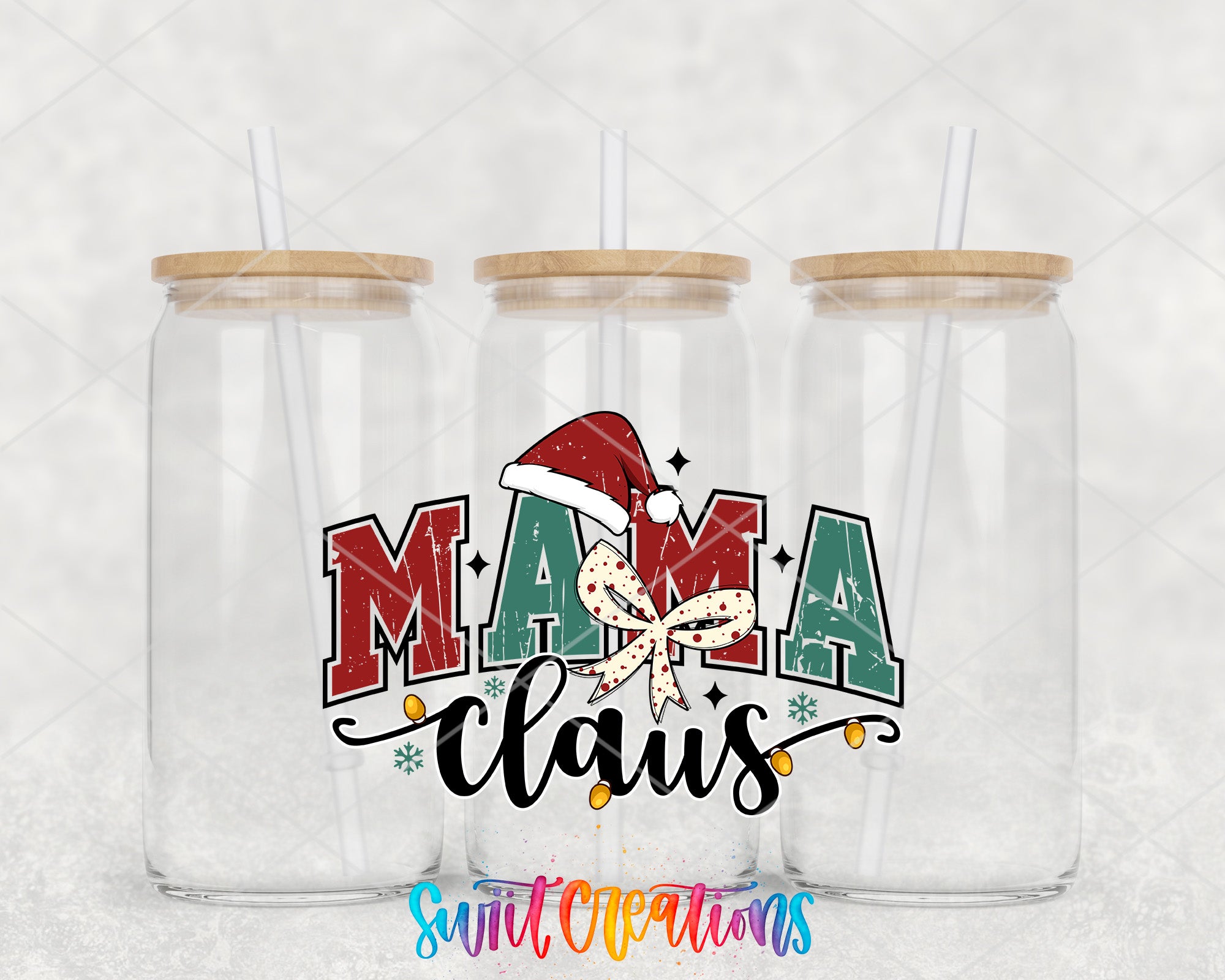 a couple of glass jars with santa hats on them