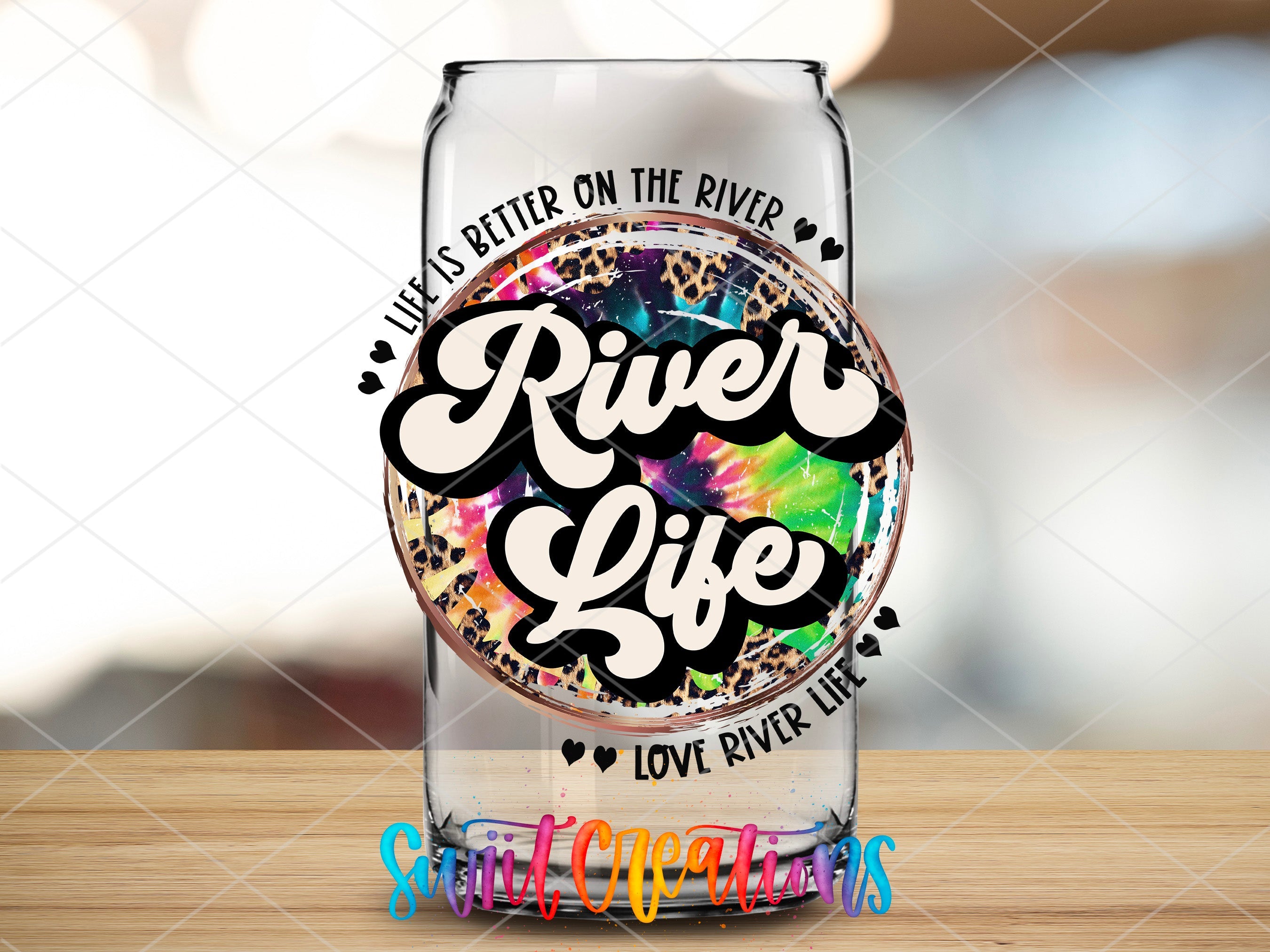 a glass with the words river life on it
