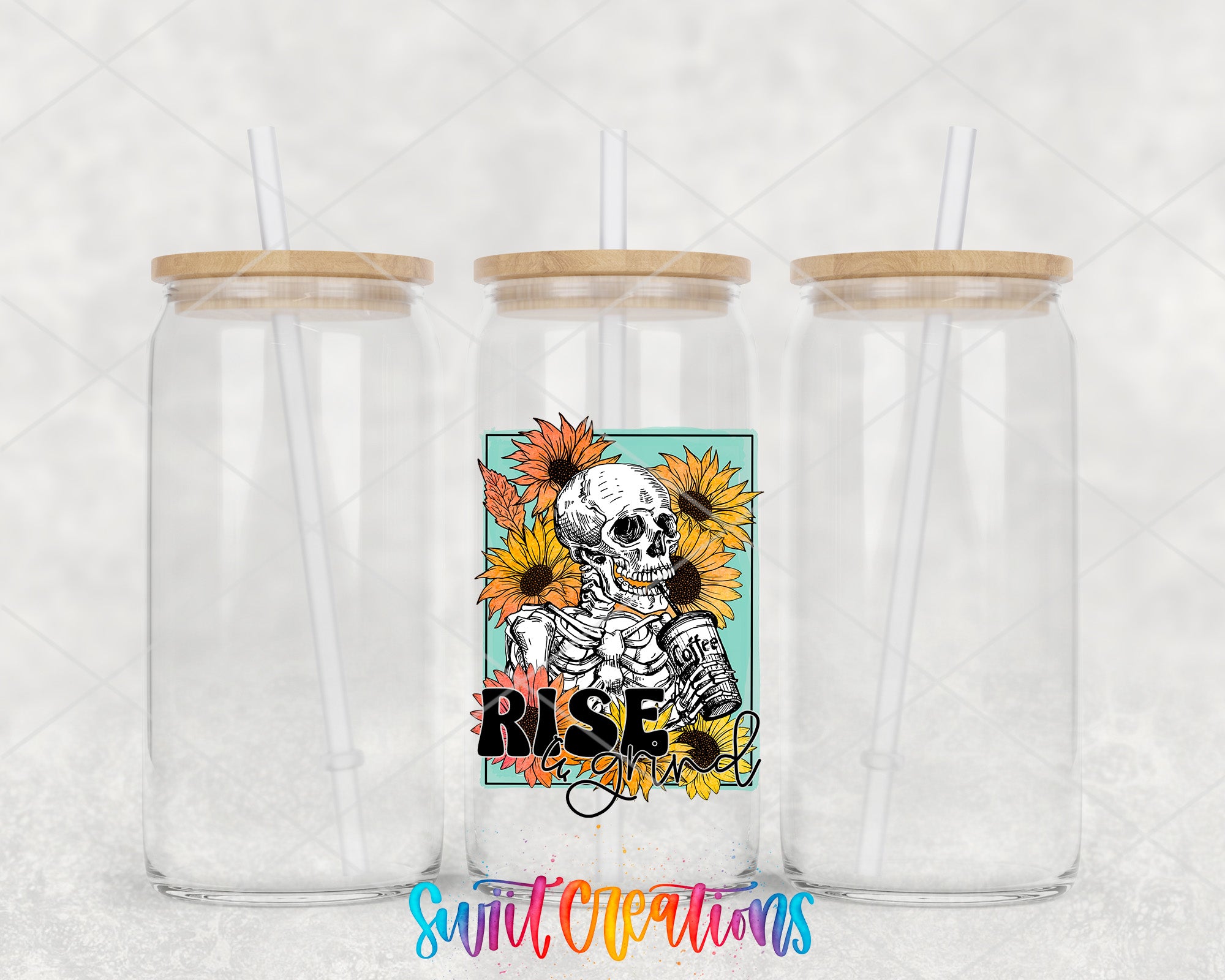 two clear tumblers with a skeleton and sunflowers on them