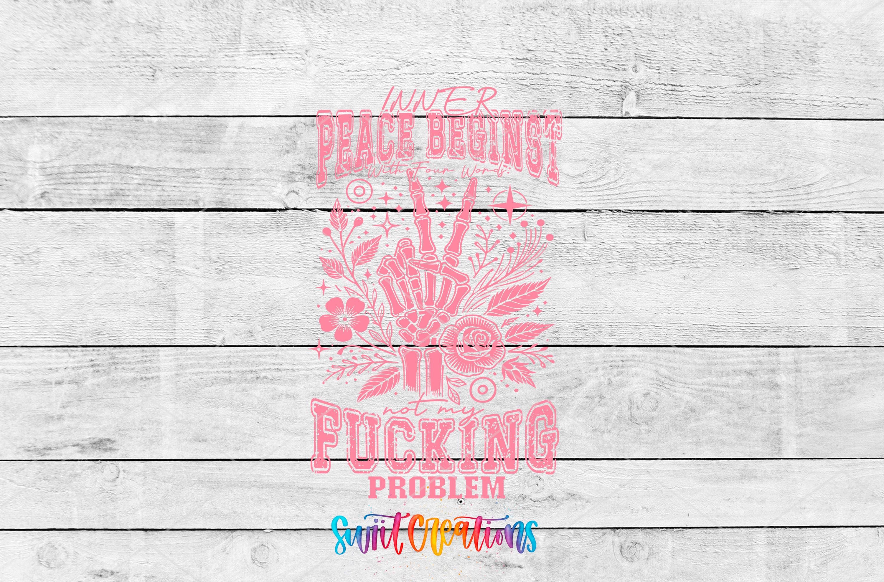 a graphic design with a pink background and text. The text is a combination of letters and symbols, and it appears to be a statement or slogan. The phrase "Peace begins with a gun" is prominently displayed, along with the word "FUCKING" below it. The design also includes a hand gesture and floral elements. The image does not contain any text that begins with "The" or "In" and does not include any phrases that are too vague or repetitive.