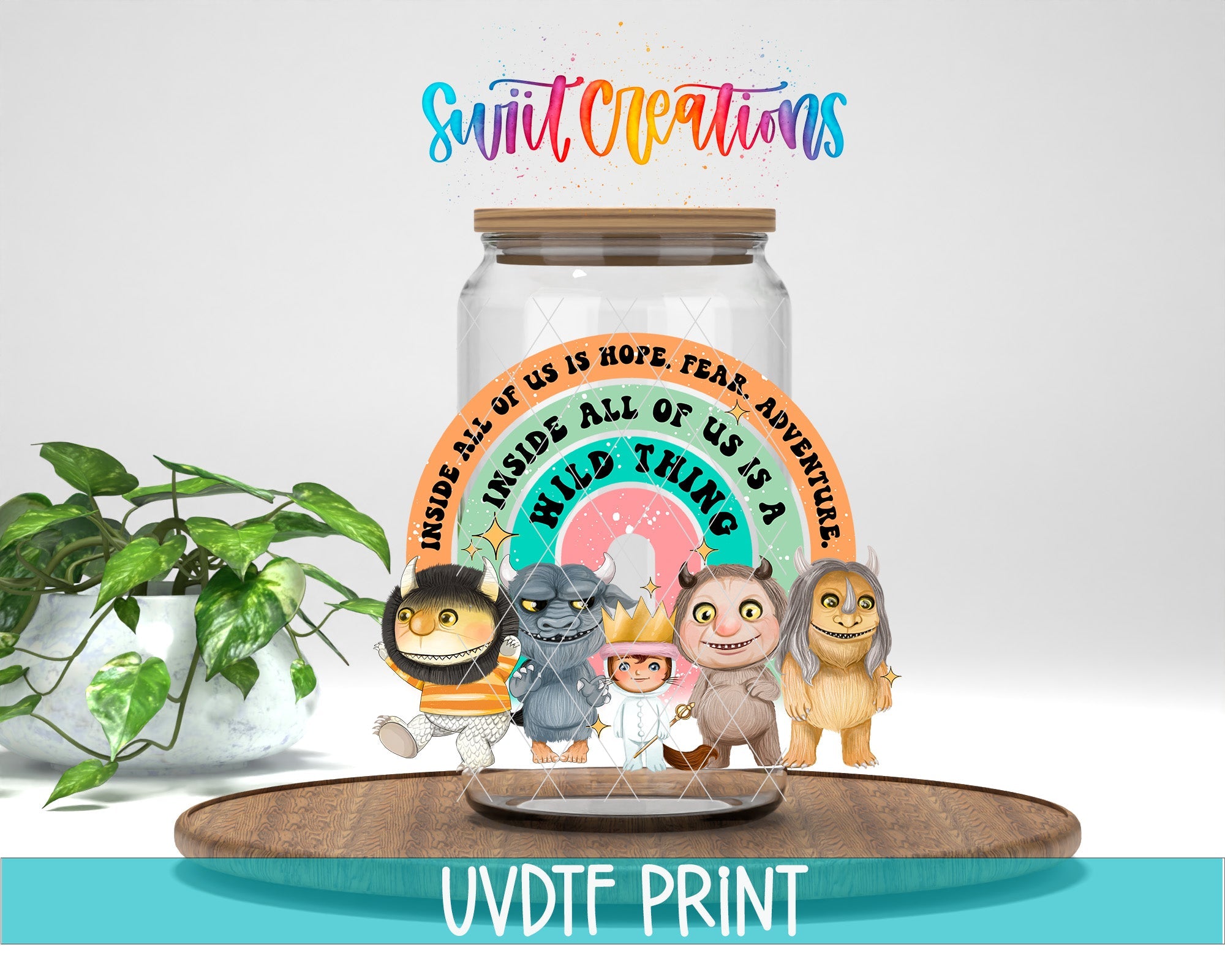 a glass jar with some cartoon characters inside of it