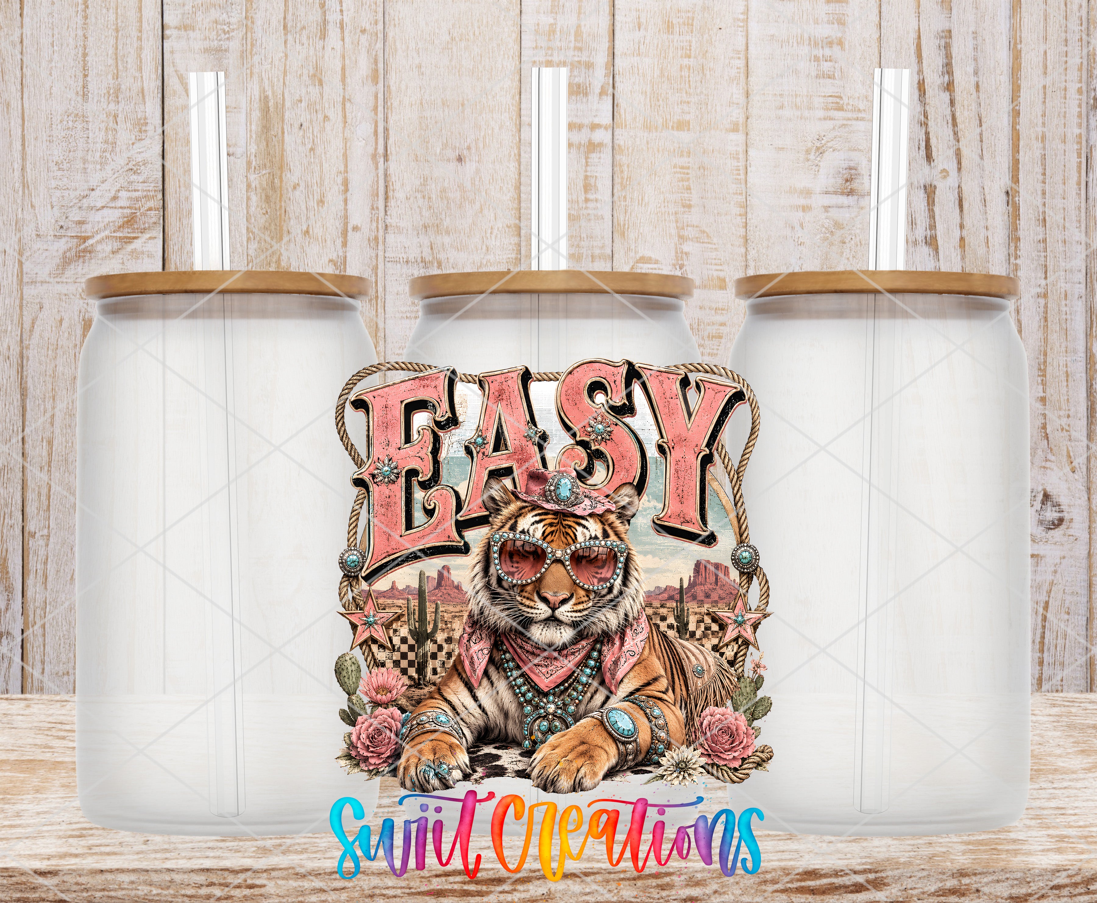 a large, colorful illustration of a tiger wearing sunglasses and a bandana, surrounded by flowers and other decorative elements. The tiger is positioned in the center of the image, with the word "EASY" prominently displayed above it. The background of the image is a wooden wall, which complements the overall design.