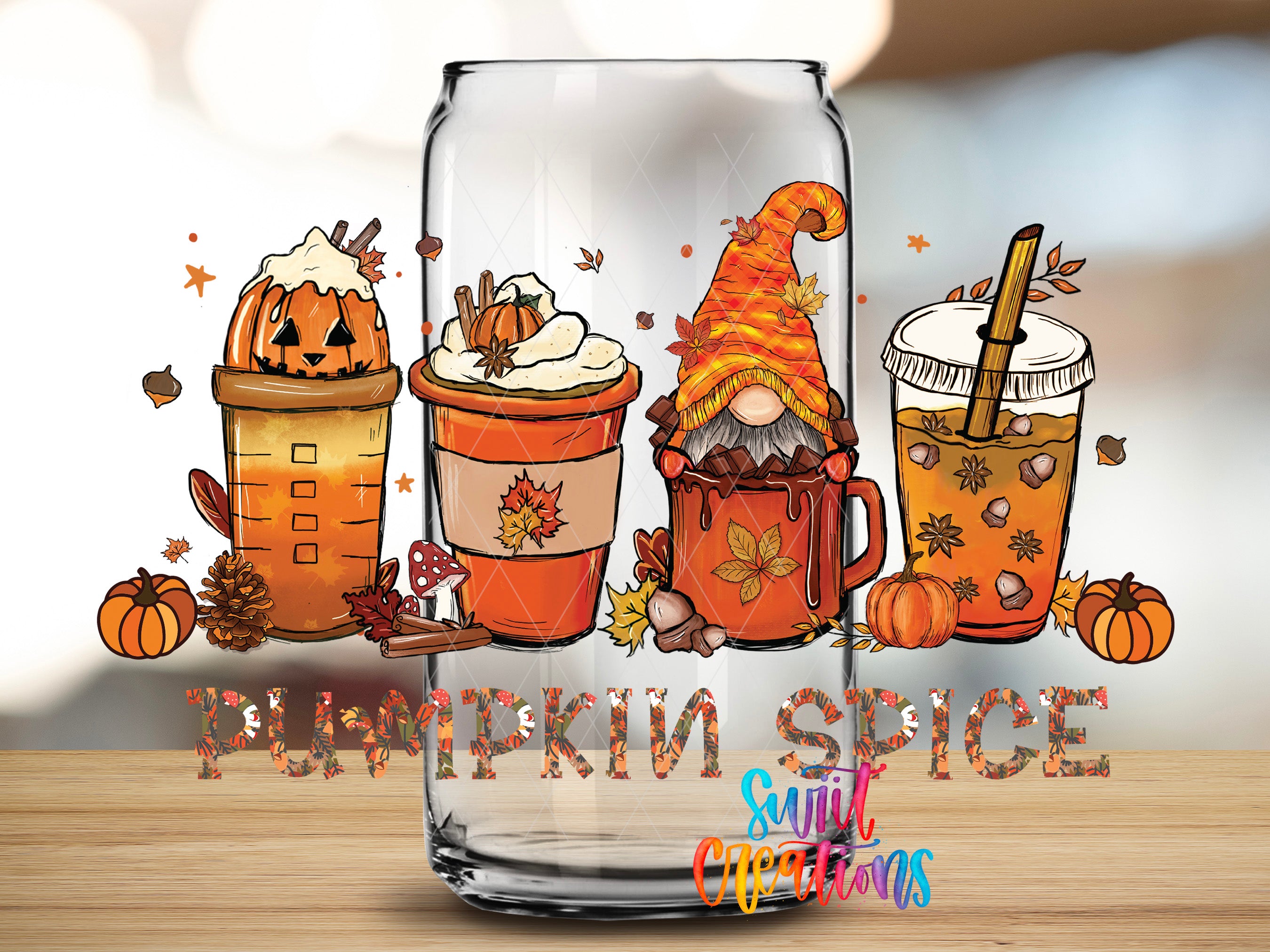 A glass can with illustrations of four different drinks, including a pumpkin spice drink, surrounded by autumn-themed decorations such as pumpkins, leaves, and a gnome.