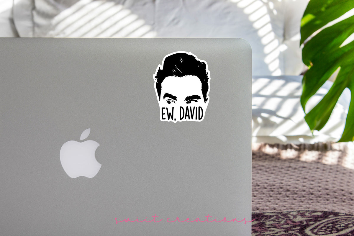 Ew David sticker on the lid of a silver laptop