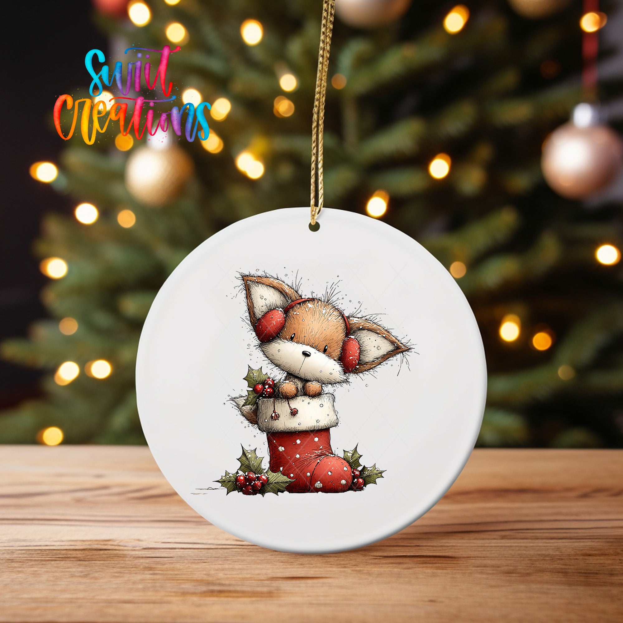 A white ceramic ornament featuring a cartoon illustration of a cat wearing a red stocking and holding berries, with a Christmas tree in the background.