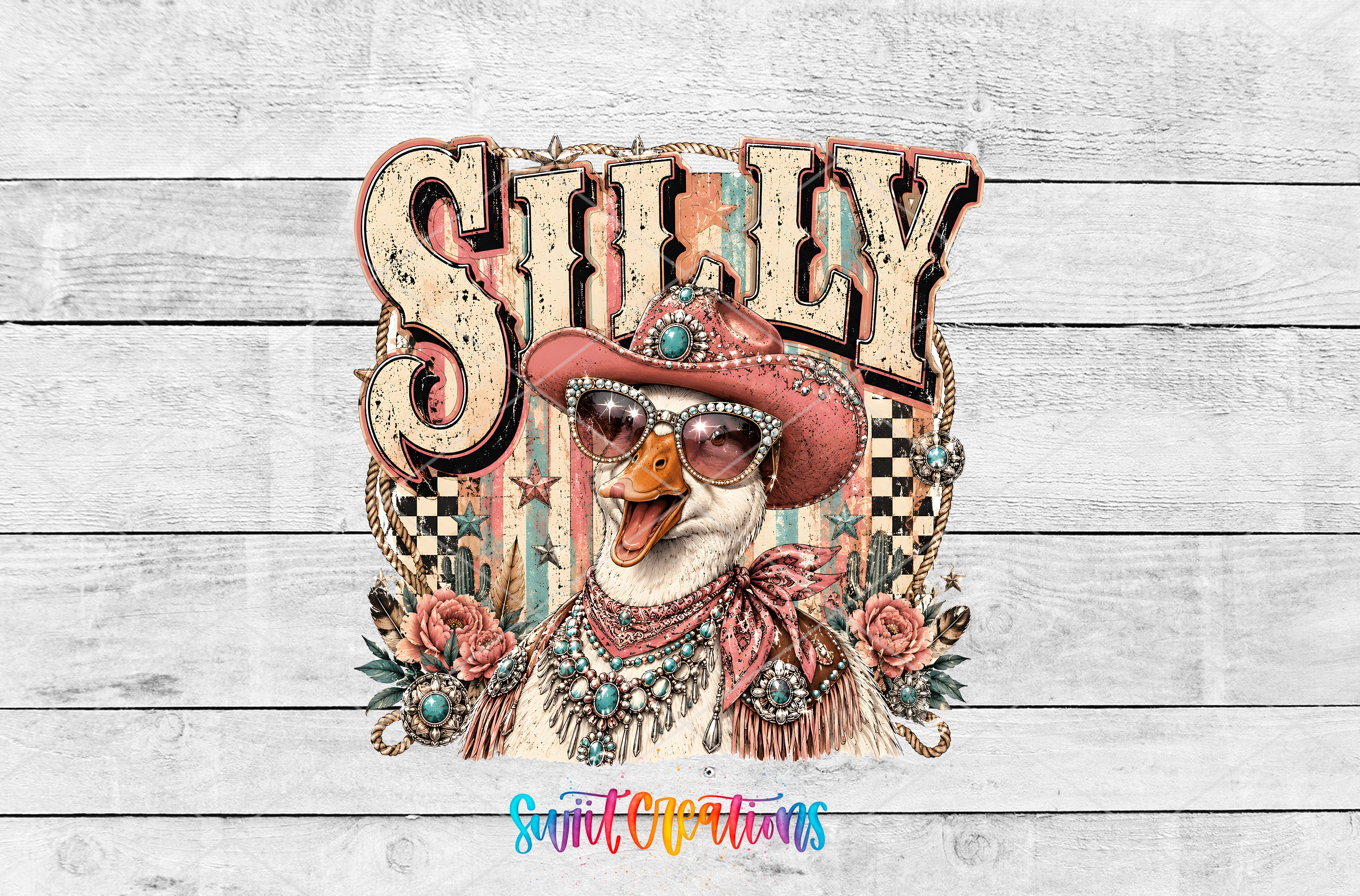 A colorful illustration of a duck wearing sunglasses and a hat, surrounded by flowers and decorative elements, with the word "SHELY" prominently displayed.