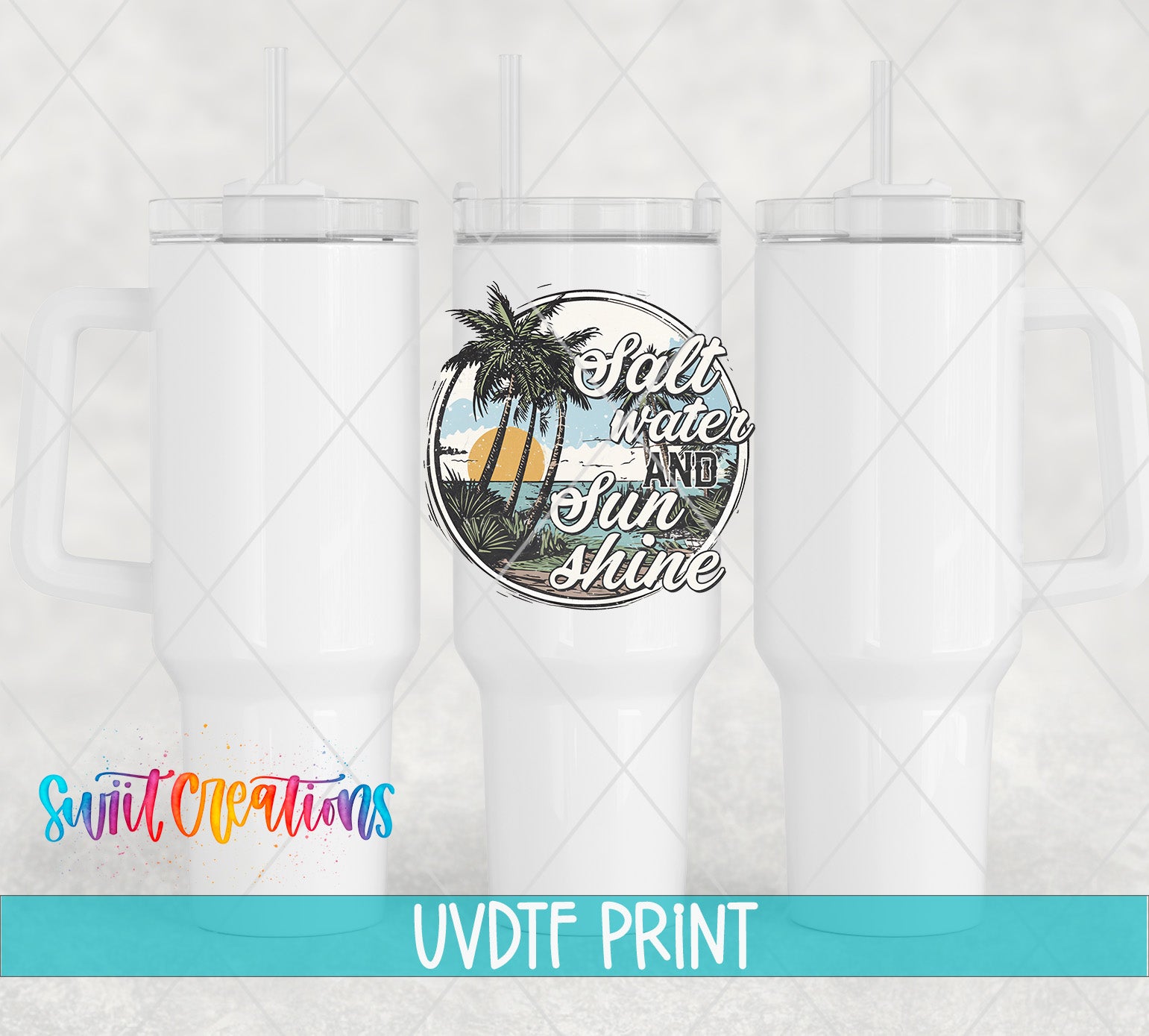 three white tumblers with a graphic design on them, including a palm tree and the text "Salt water and sun shine".